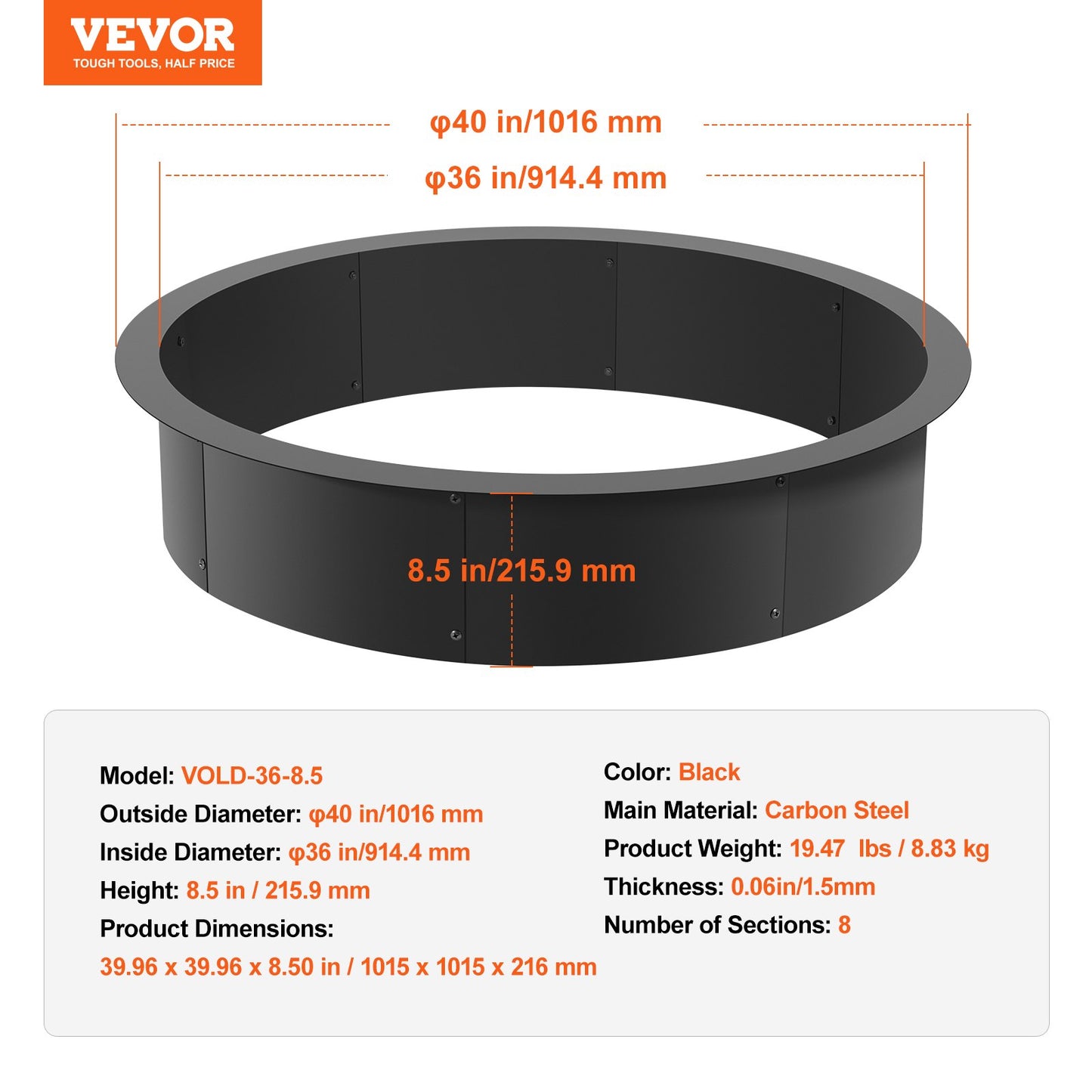 Fire Pit Ring, 40-Inch Outer/36-Inch Inner Diameter, 8.5inch Height Fire Pit Insert, Heavy Duty Carbon Steel Liner DIY Campfire Ring above or In-Ground, for Outdoor Camping, Bonfires