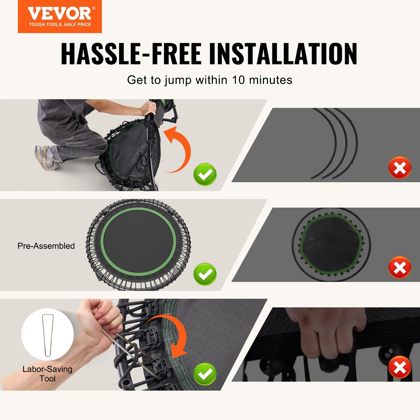 Hopfällbar minitrampolin, 40 tums fitnessrebounder, maxbelastning 330 lbs träningstrampolin, stabil och tyst liten träningstrampolin för inomhusbruk, minitrampolin för vuxna inomhus-/trädgårdsträning