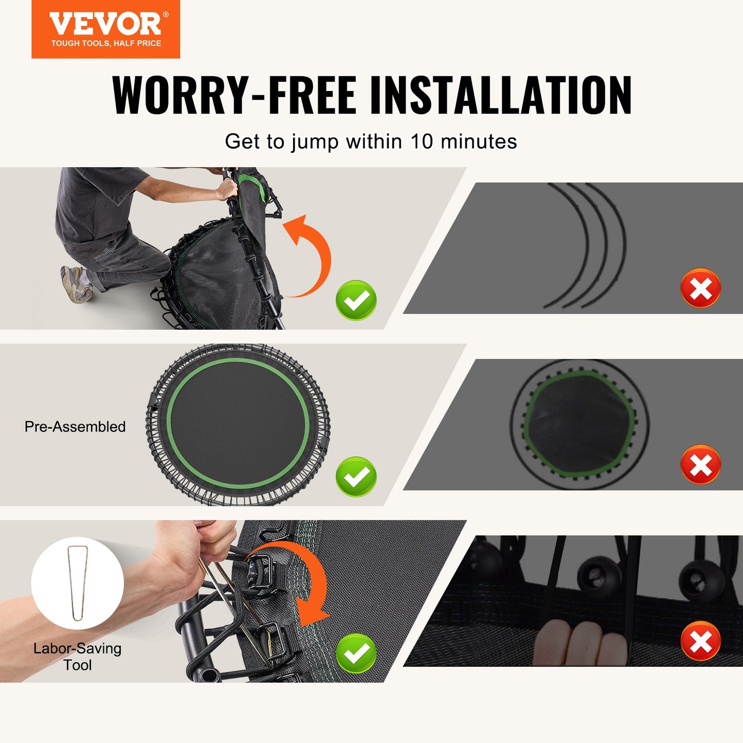 Foldable Mini Trampoline, 51 Inch Fitness Rebounder, Max Load 450lbs Exercise Trampoline, Stable & Quiet Trampoline with 4 Level Height Adjustable Foam Handle, for Adults Indoor/Garden Workout