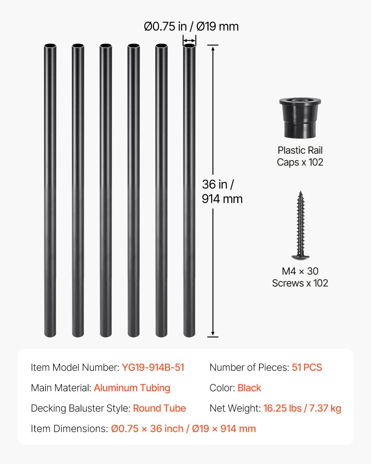 Staircase Balusters 51 Pack, 36 In Aluminum Stair Balusters, 3/4 In Water-Proof Round Metal Spindle Railing, Hollow Deck Railing with Rail Caps & Screws for Stairs, Porch, Patio, Fence, Black