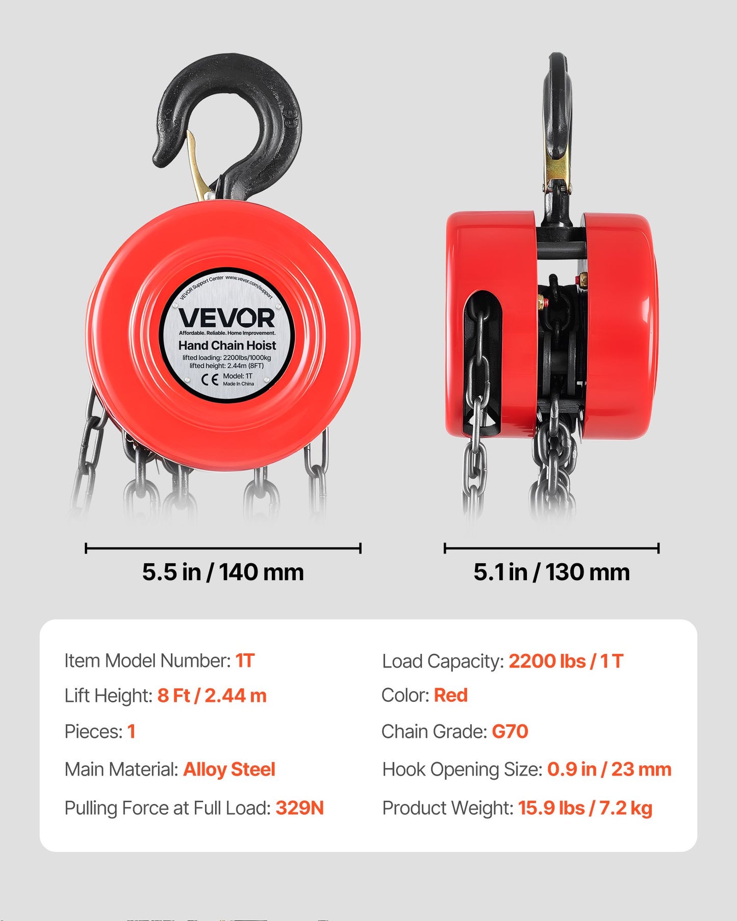 Handtelfer, 1 ton kapacitet, manuell kedjeblock med uppgradering G70 galvaniserad kedja, 2,44 m lyfthöjd, kraftig remskivetelfer för garage, lager, fordonsmaskiner, röd