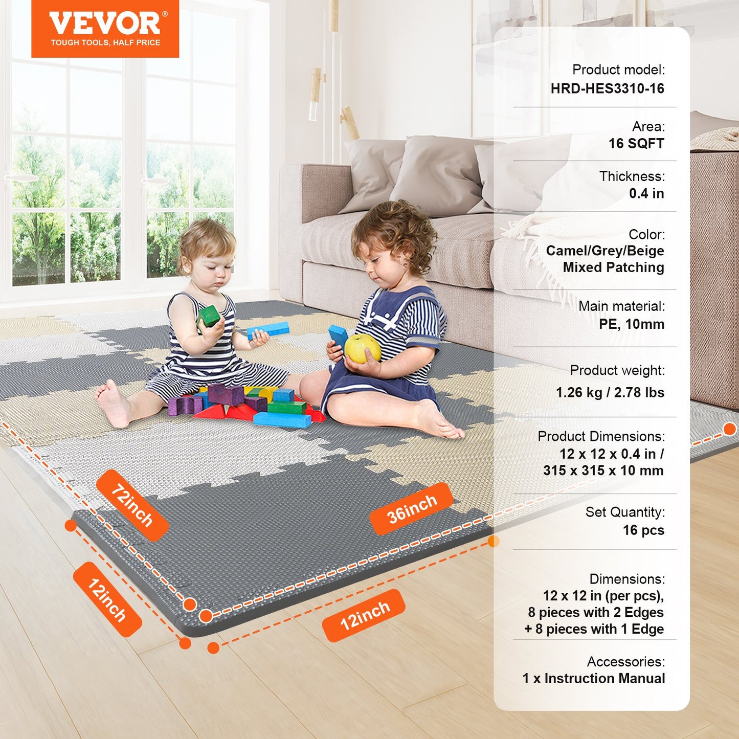 16 Tiles Kids Play Mat, 0.4 Inch Toddler Play Mat with EVA Foam, 12" x 12" Puzzle Play Mat with 16 sq.ft Coverage, Interlocking Toddler Mats for Play Room, Nursery, Living Room, Camel&Gray&Beige