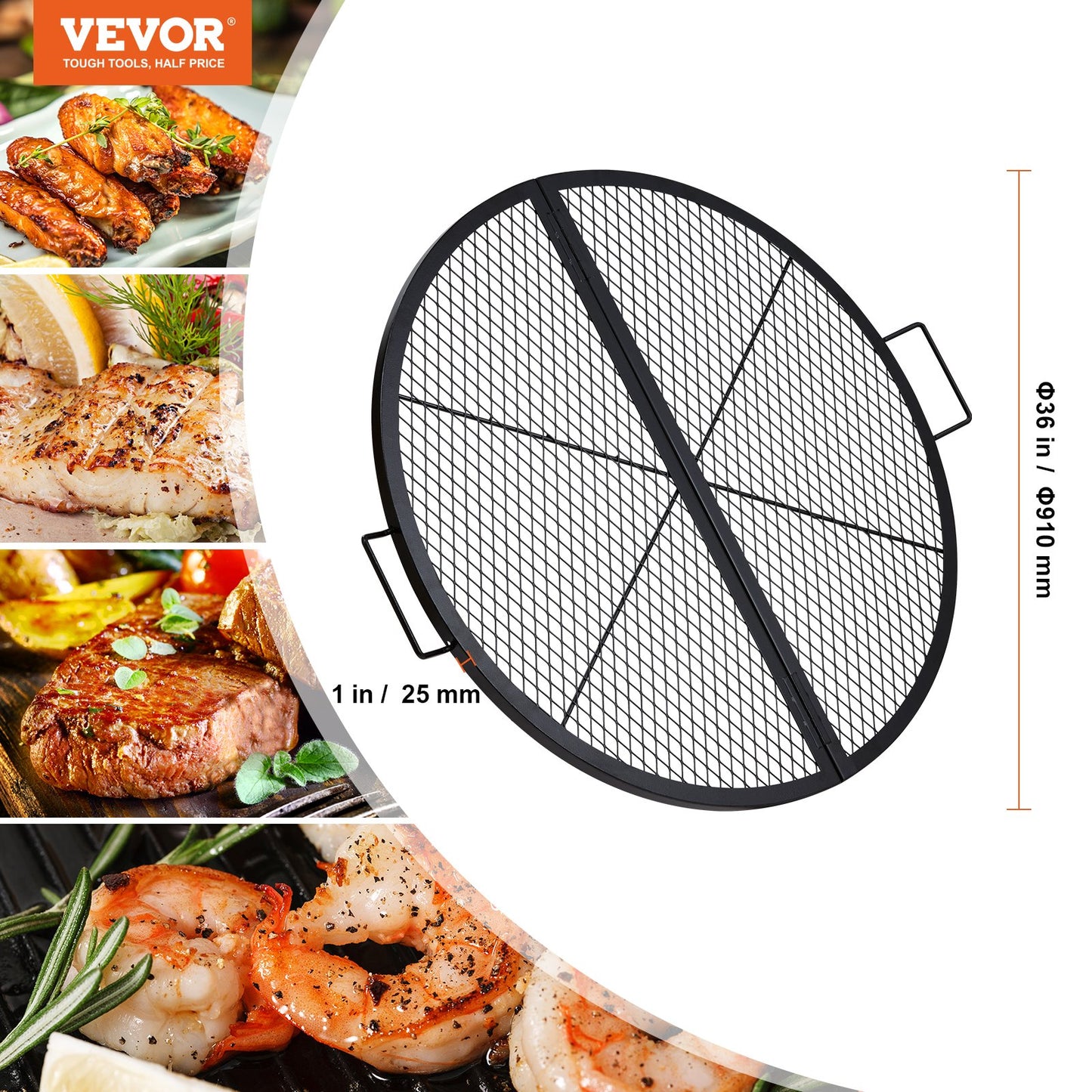 X-Marks Fire Pit Grill Grate, Foldable Round Cooking Grate, Heavy Duty Steel Campfire BBQ Grill Grid with Handle and Support X Wire, Portable Camping Cookware for Outside Party, 36 Inch Black