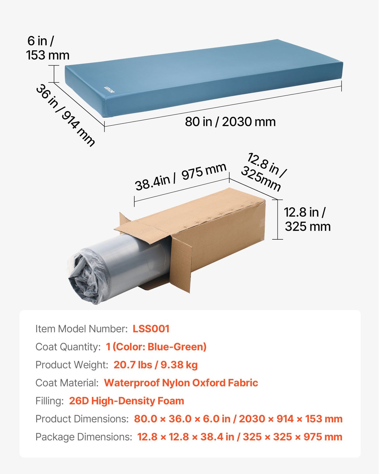 Sjukhussängmadrass, 159 kg lastkapacitet, tryckfördelande långtidsvård Medicinsk skummadrass, vattentät för behandling av liggsår, vårdhem och hemsjukvård, 914 x 2030 x 153 mm