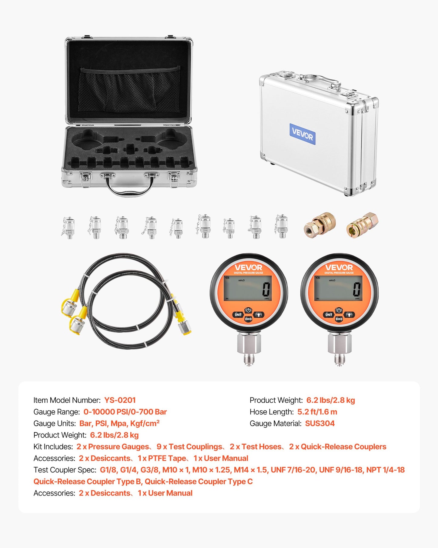 Digital hydraulisk tryckmätningskopplingssats, 700 bar tryckmätare med 2 mätare, 9 testkopplingar, 2 snabbkopplingar, 2 slangar för grävmaskin och byggmaskiner
