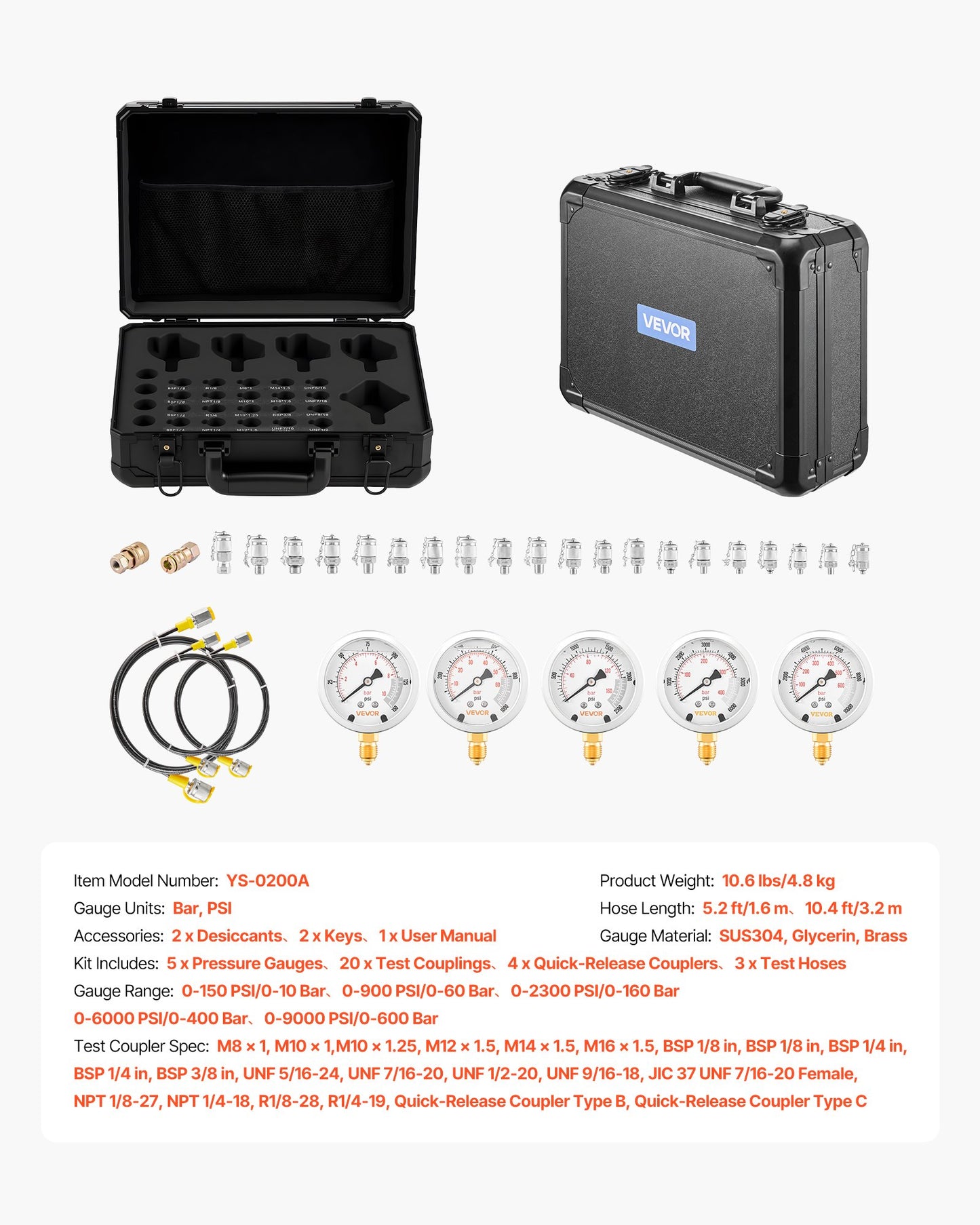 Hydraulic Pressure Test Kit, 10/60/160/400/600 Bar (150/900/2300/6000/9000 PSI), Hydraulic Gauge Kit 5 Gauges 20 Couplings 4 Quick-Release Couplers 3 Hoses for Excavator Construction Machinery