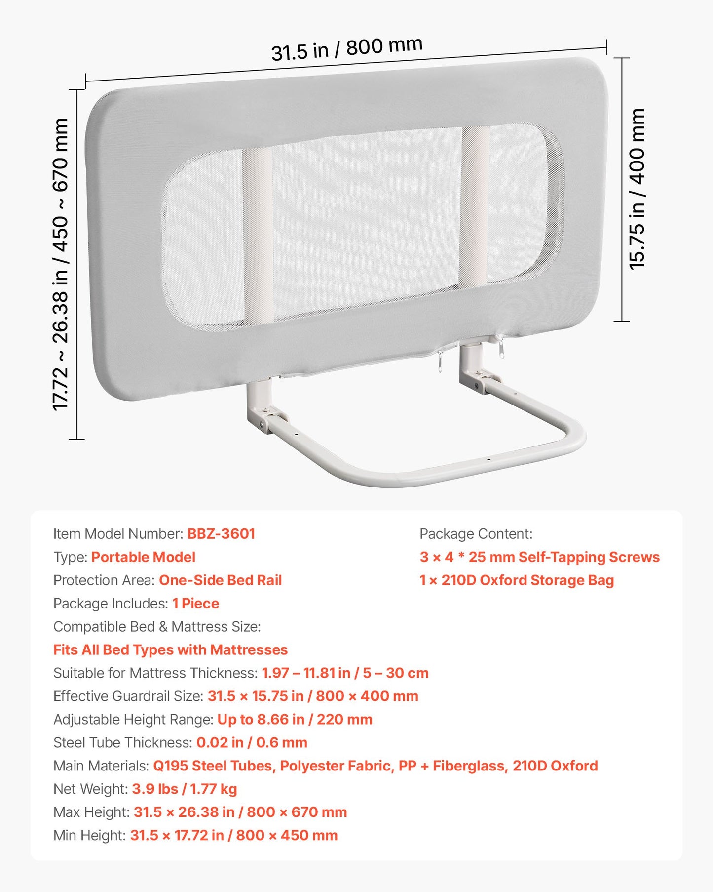 Toddler Bed Rail, Kids Beds Guard Rail with Reinforced Iron Pipe and Oxford Cloth, Adjustable Height Bed Side Railing, Portable Guard Bumper Barrier for Crib, Bunk, 800 x 670 mm, 1 Piece