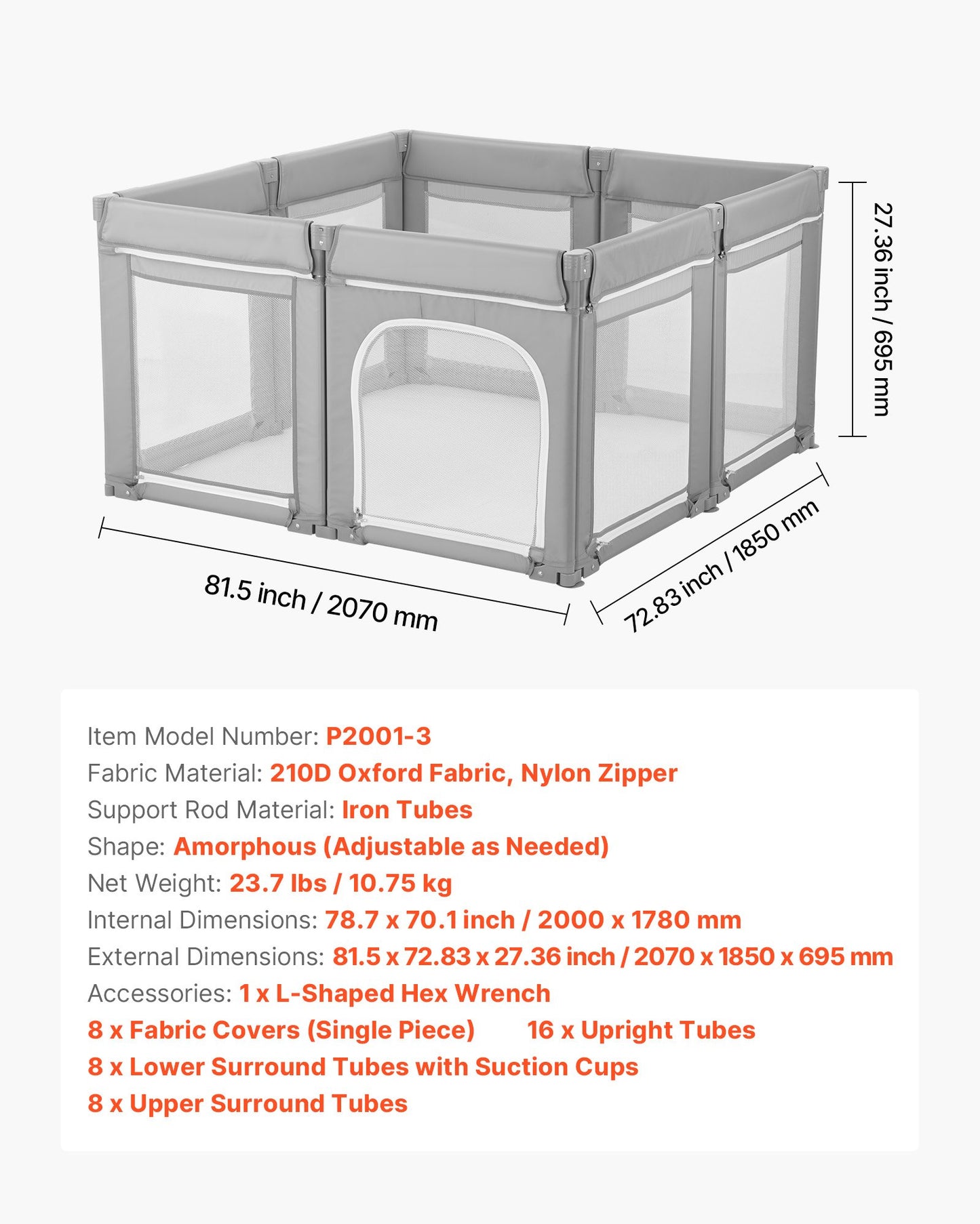 Baby Playpen, 2000 x 1780mm Extra Large Toddlers Playpen, Foldable Baby Fence Play Yard with Zippered Door & Soft Breathable Mesh, Indoor Outdoor Safety Activity Center - Great Gift for Toddlers