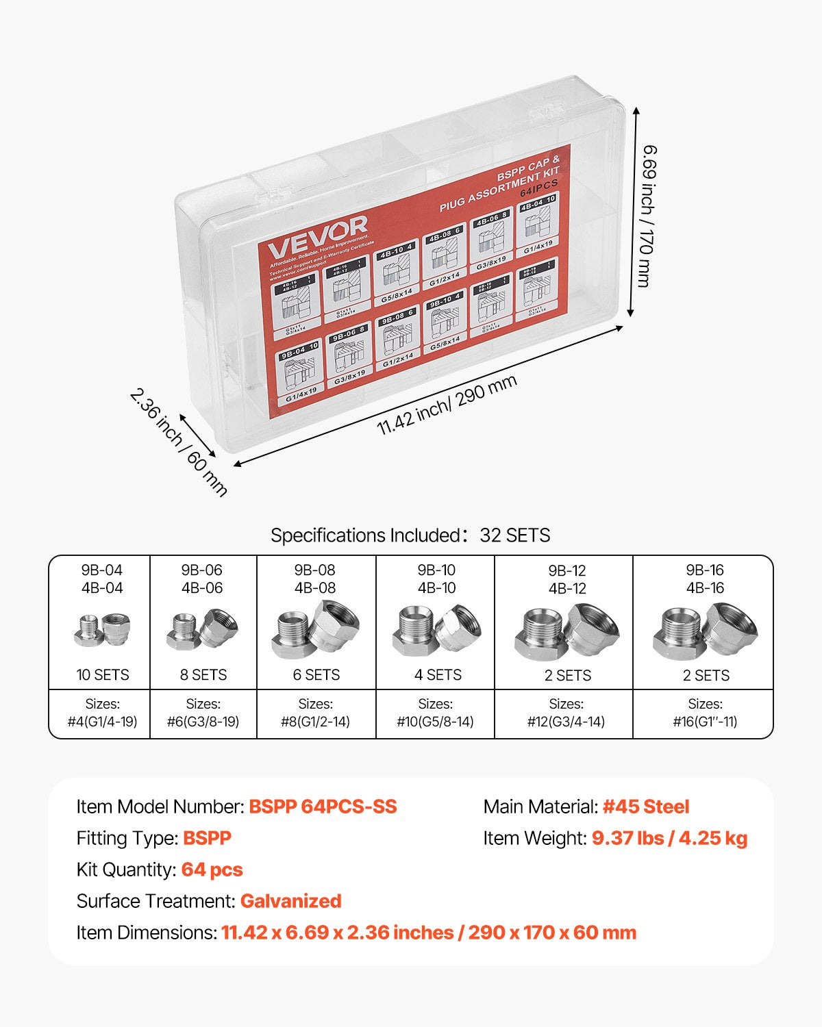 64 delar BSPP hydraulkopplingar, hydrauliskt lock och pluggsats med precisionsgängning, galvaniserat stål för kraftiga hydraulkopplingar, instrumentstorlekar 04/06/08/10/12/16