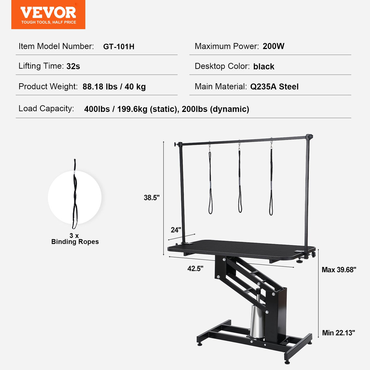 109 cm hydrauliskt trimbord för husdjur, kraftig hundtrimningsarm för medelstora/små hundar, höjdjusterbar hundtrimningsstation, halkfri bordsskiva/hundtrimningsstation, maxlast 182 kg