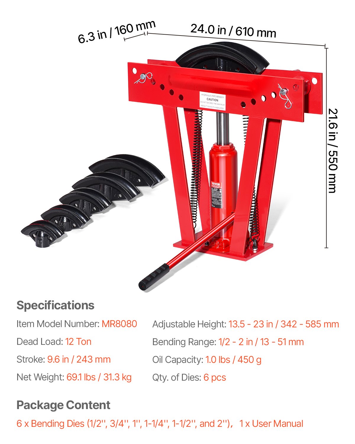Hydraulic Pipe Bender, 12 Ton Manual Copper Exhaust Pipe Bending Machine with 6 Dies (1/2" - 2") and 90 - 180° Adjustable Rollers, Heavy-Duty Pipe Tube Bender for Piping Railing Construction
