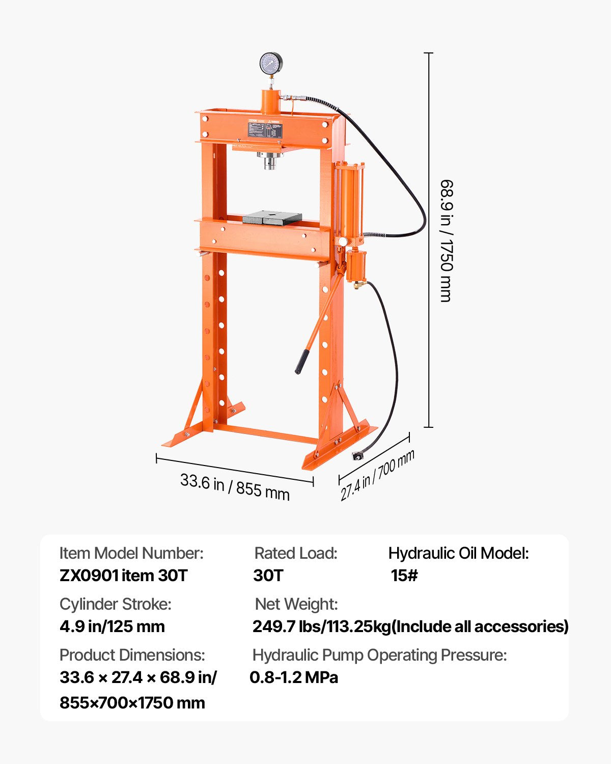 Hydraulic Shop Press, 30 T H-Frame Pneumatic Shop Press with Press Plate & Triangular Support, Stable Garage Floor Adjustable Hydraulic Press with Relief Valve, Fit for Bending & Straightening
