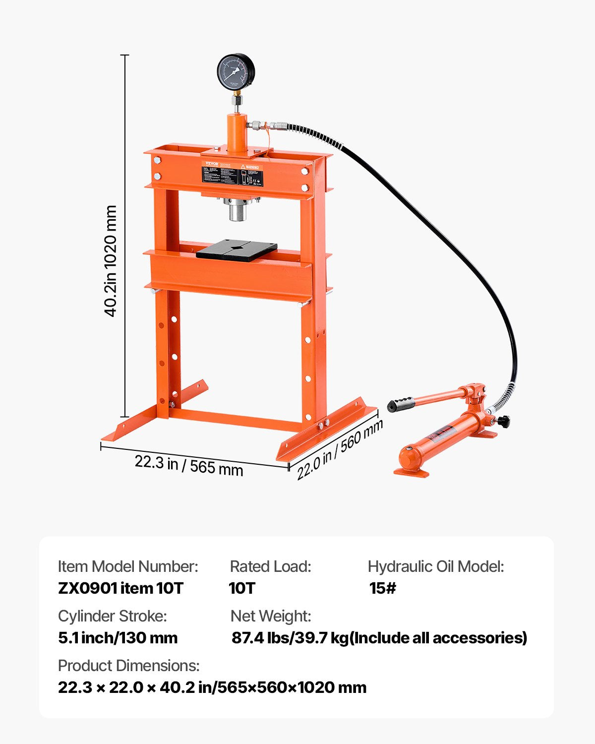 Hydraulisk verkstadspress, 10 T H-rams verkstadspress med pressplatta och H-formad bas, stabil, justerbar hydraulpress för garagegolv med övertrycksventil, lämplig för bockning, riktning och stansning