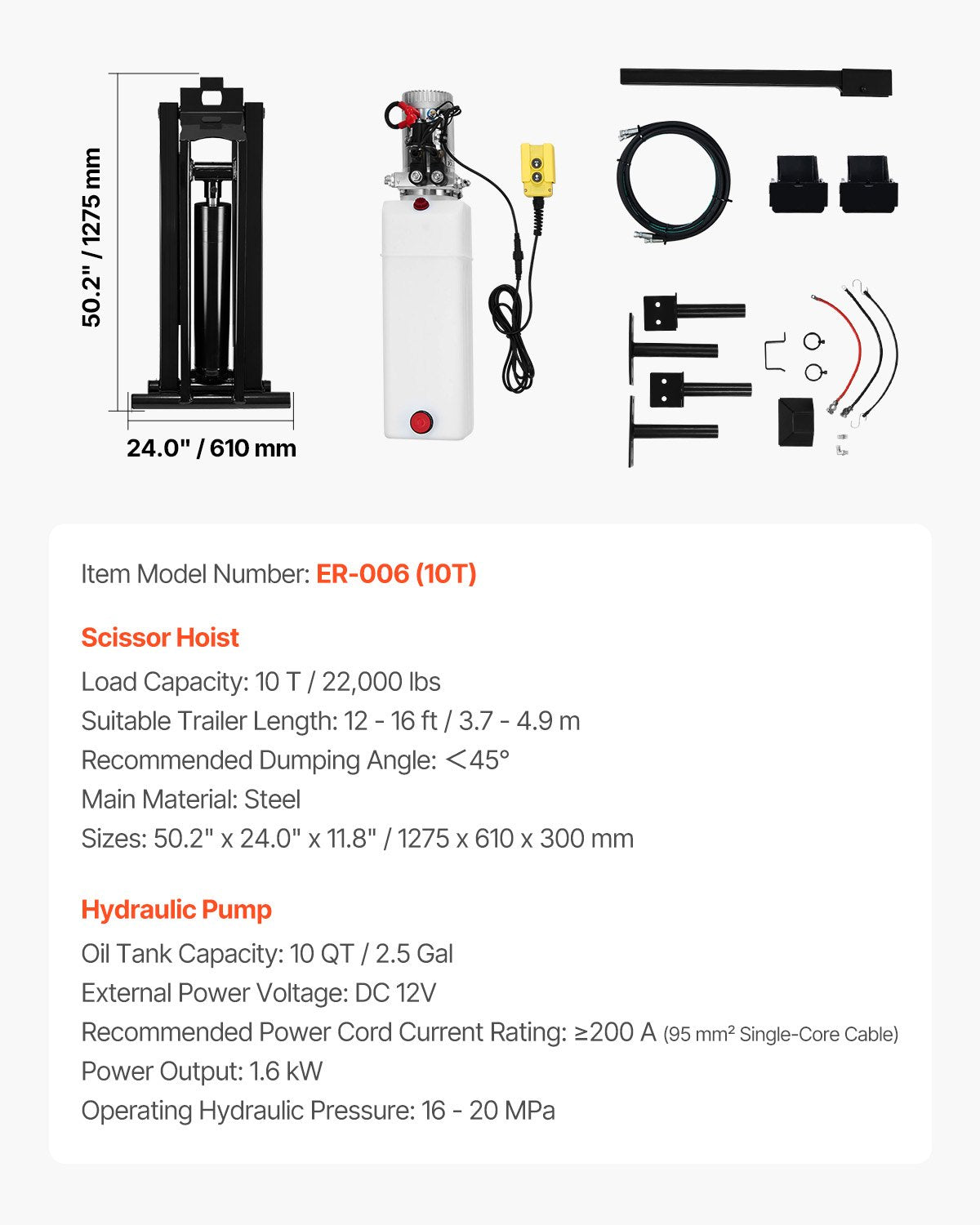 Hydraulic Dump Lift Kit, 22,000 lb/10 T Dump Trailer Hydraulic Scissor Hoist Kit Standard Kit, Hydraulic Dump Bed Kit with 12V Hydraulic Pump Unit Suitable for Scissor Lift Dump Trailers Trucks