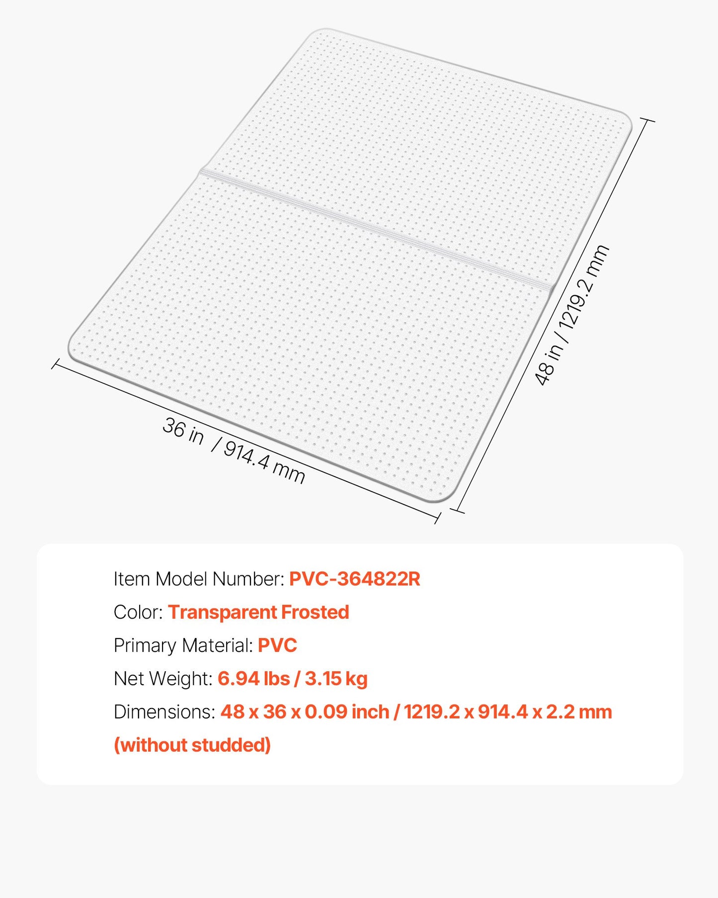 Stolsmatta, 915 x 1225 mm kontorsmatta för heltäckningsmattor, plastgolvskyddsmatta med nitar, halkfri och lättrengjord, smidig glidmatta under skrivbordet för hemmakontor (rektangulär)