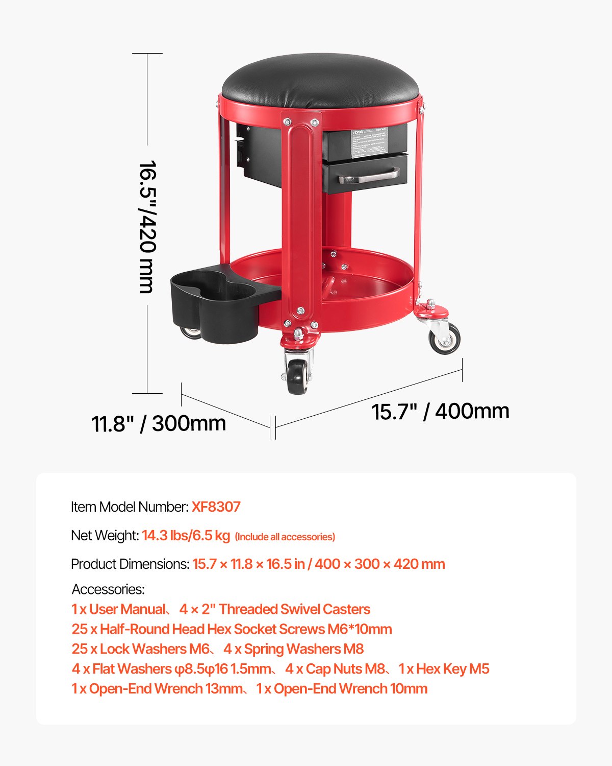 Rolling Mechanic Stool with Wheels, 300 lbs Capacity Garage Seat/Work Stool, Padded Roller Creeper Seat with Fixed Height, Tool Tray and 2 Drawers, for Garage, Shop & Auto Repair, Red+Black