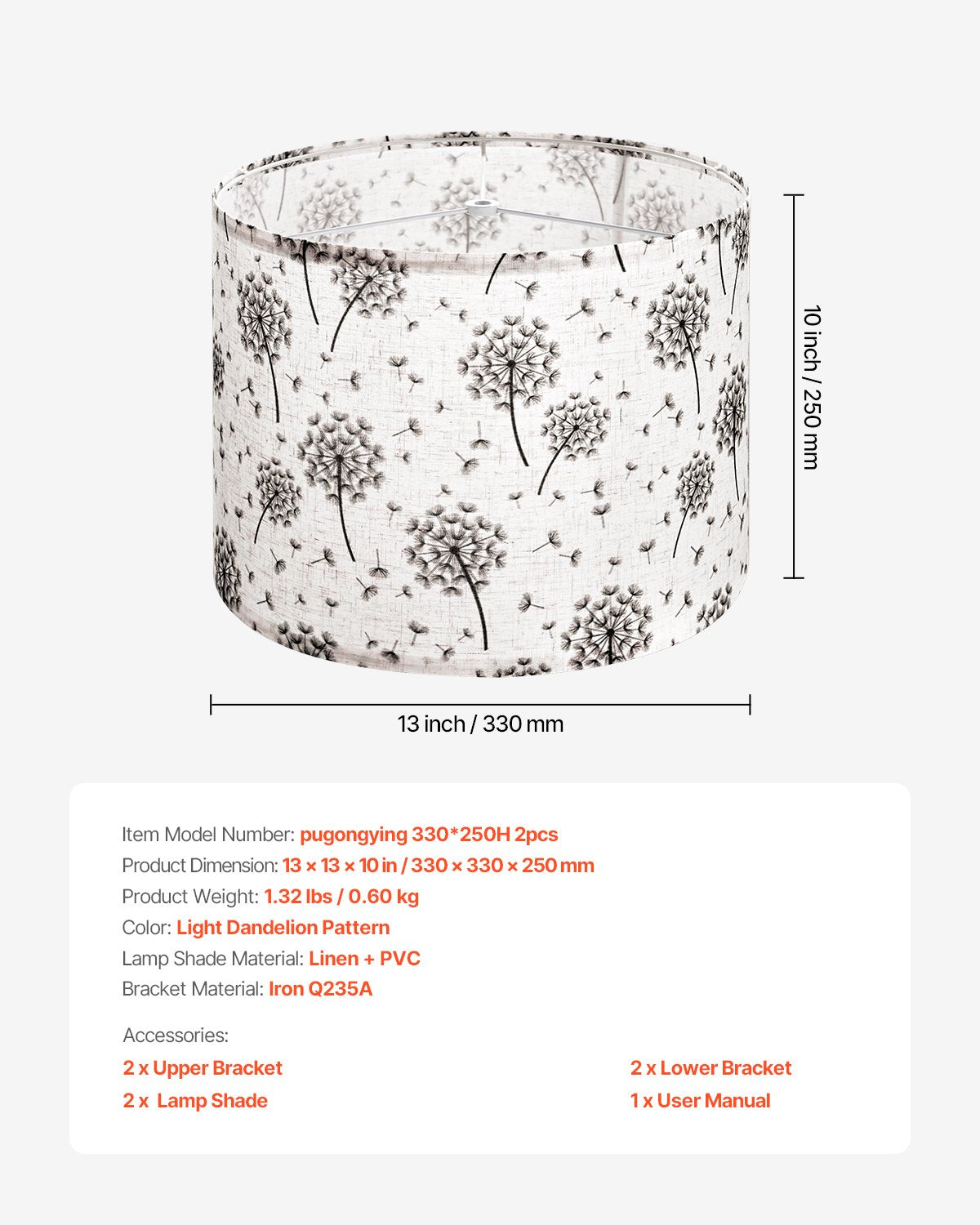 Trumlampskärmar, 2-set, 33 cm topp x 33 cm botten x 25 cm hög, mellanstor trumlampskärm i linne, reservskärm för bordslampor och golvlampor, enkel montering krävs (ljust maskrosmönster)