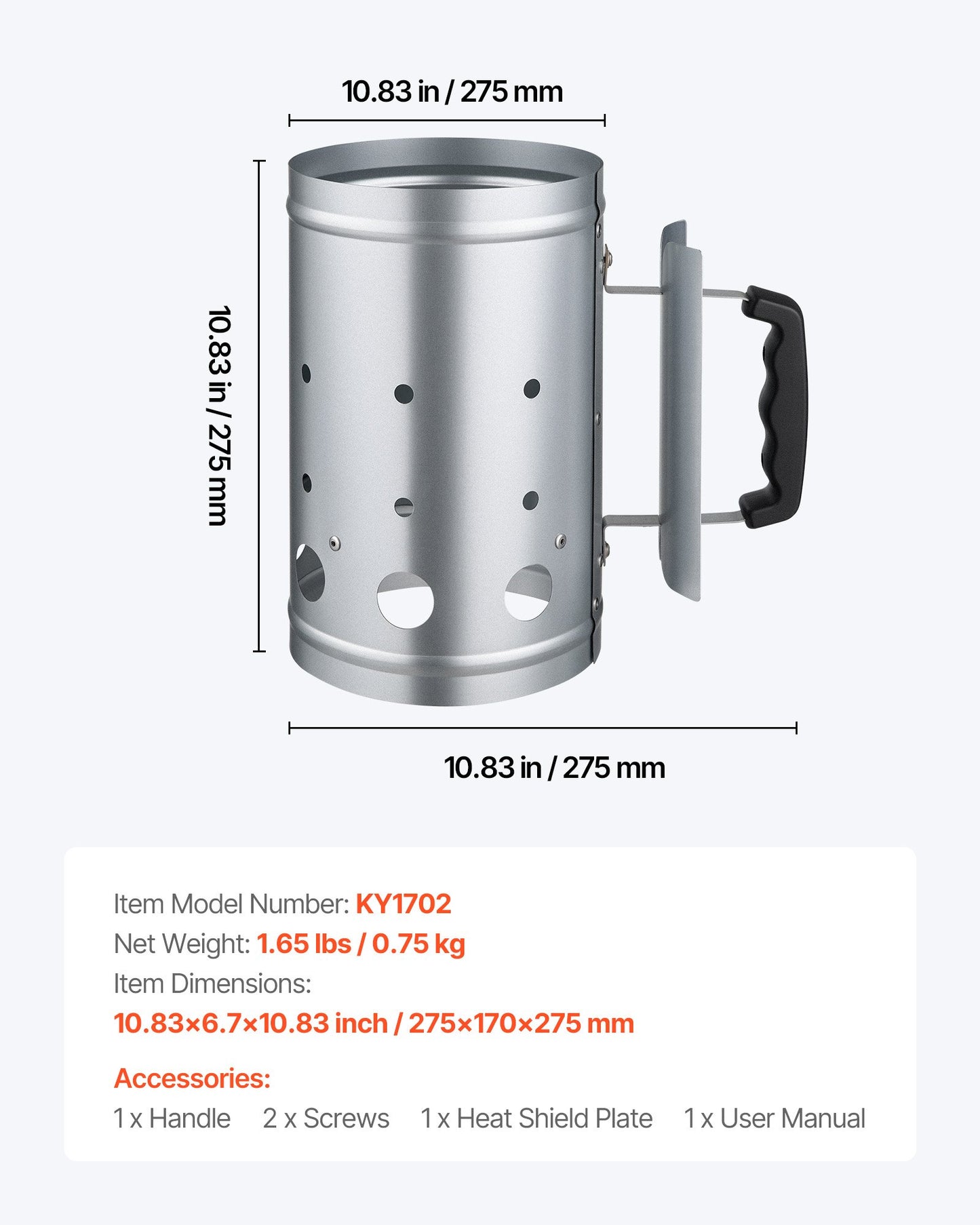 Kolstartare för skorsten, 1,8 kg stor kolkamin, kraftig grilltändare i stål för kolgrill och grillar, kompakt koltändare och grillverktyg för språng, silver