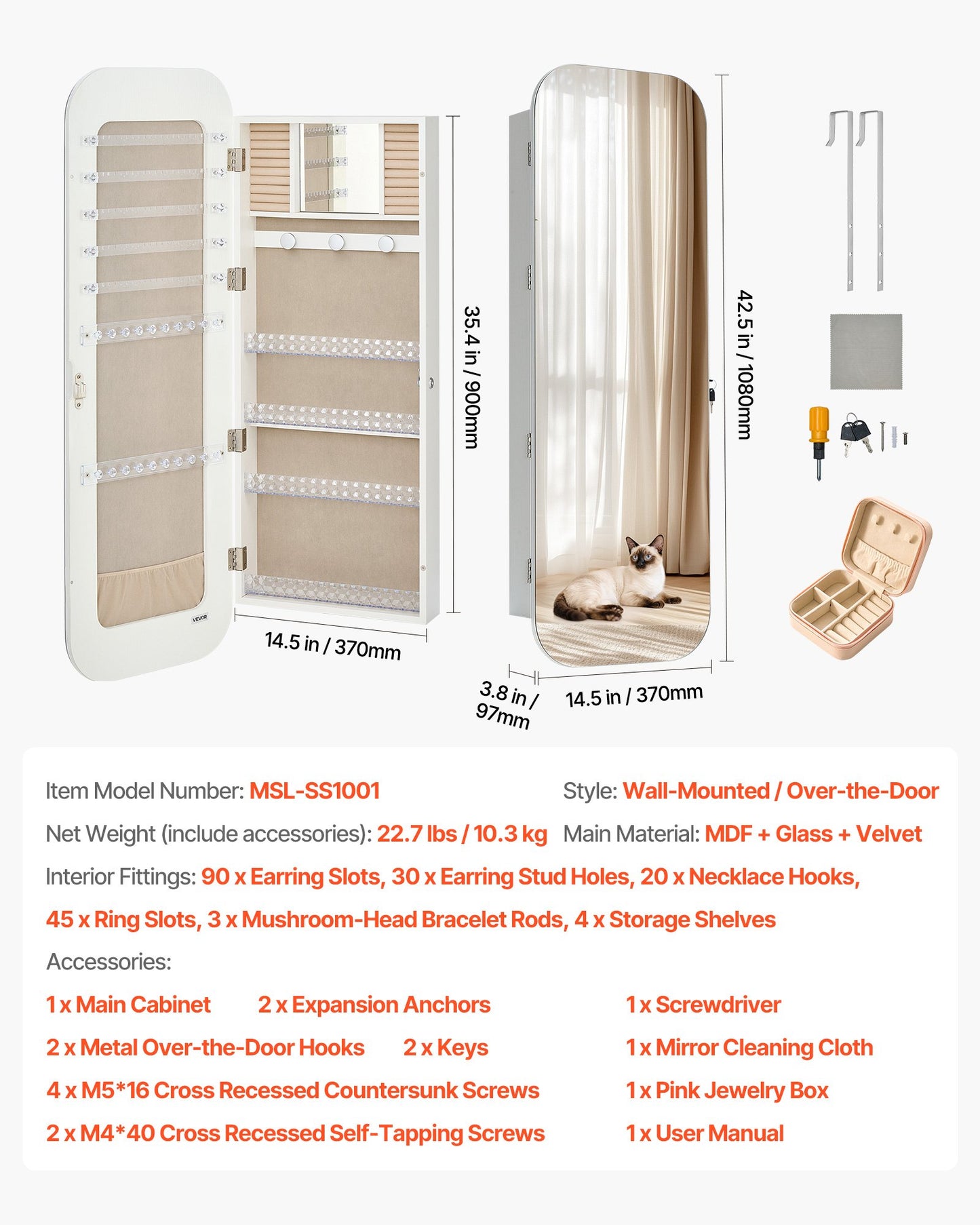Spegelskåp för smycken, 1080 mm hög, helfigursspegel med förvaring, väggmonterad/över dörren smyckesskåp, rundad design, låsbar med 2 nycklar och en reseskåp, vit