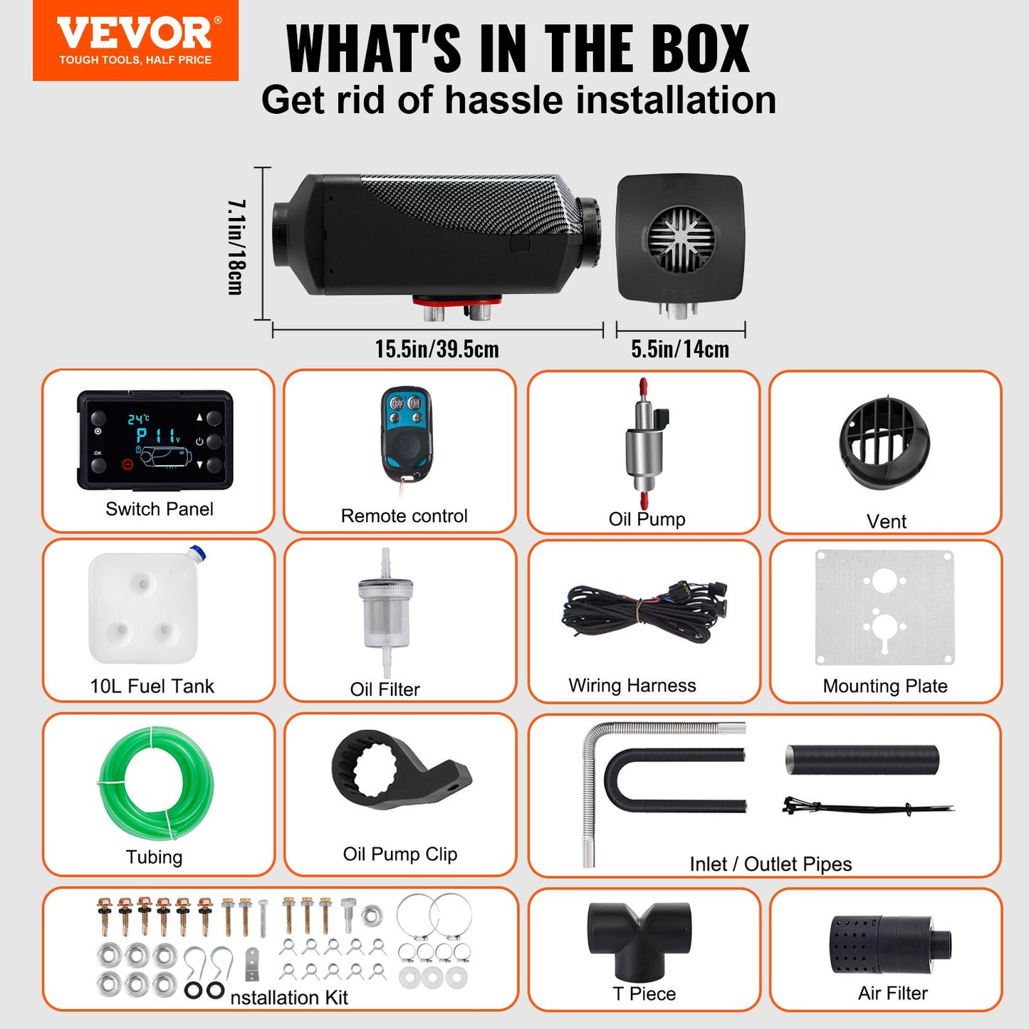 12V 8KW dieselluftvärmare med LCD-brytare, dieselvärmare med fjärrkontroll och annat tillbehörskit, 12V 8KW parkeringsvärmare