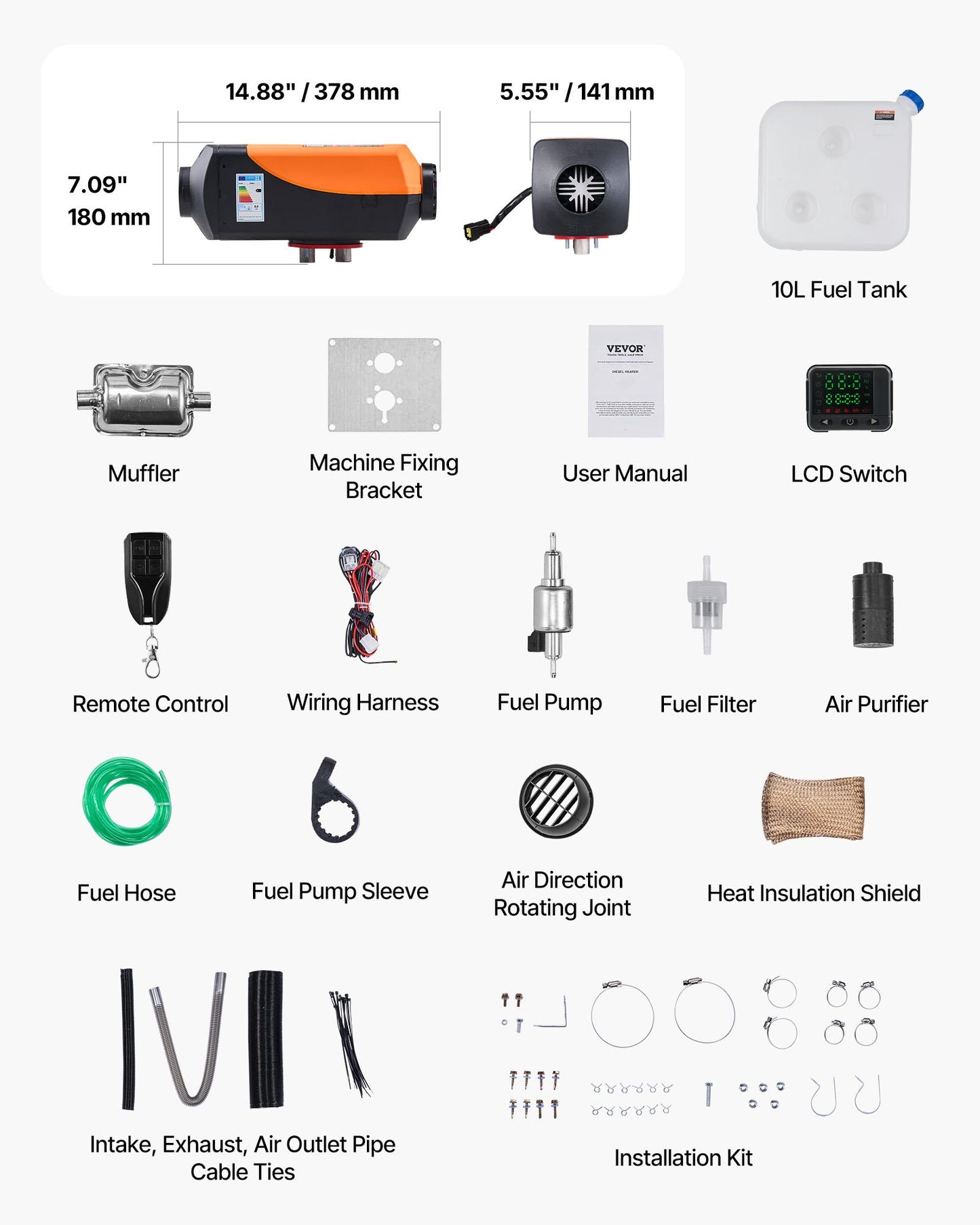 Diesel Air Heater, 8 kW DC12-24V, Fast Heating Diesel Parking Heater with Remote Control and Color Digital Display, 10L Fuel Tank, Low Noise, Voice Announcement, for RV, Truck, Boat and Trailer