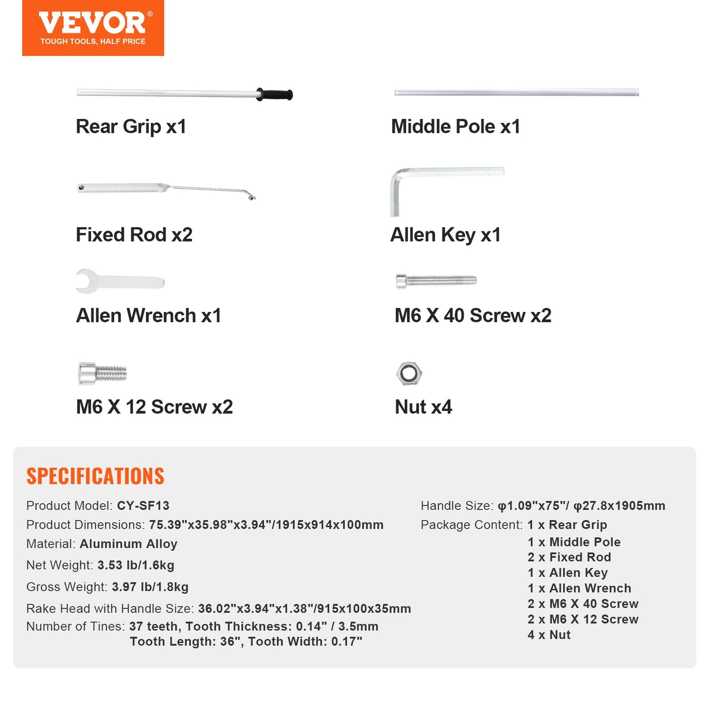 Landskapskratta, 915 mm huvud aluminiumlandskapskratta, ogräskratta för sjöbruk med 1915 mm långt skaft, för att luckra upp jord, gräsmattevård, ogräsrensning i sjö, trädgård, damm