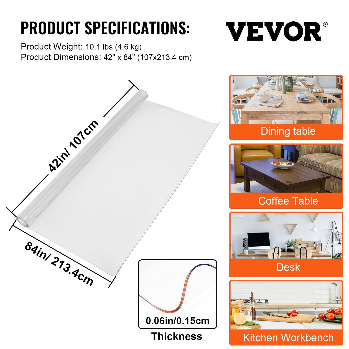 Thick Plastic Table Cover 84x 42 Inch Thick Clear Table Protector Clear PVC Tablecloth Table Top Protector 1.5mm Thick Table Cover Rectangular Table Pads for Dining Room Table Desk