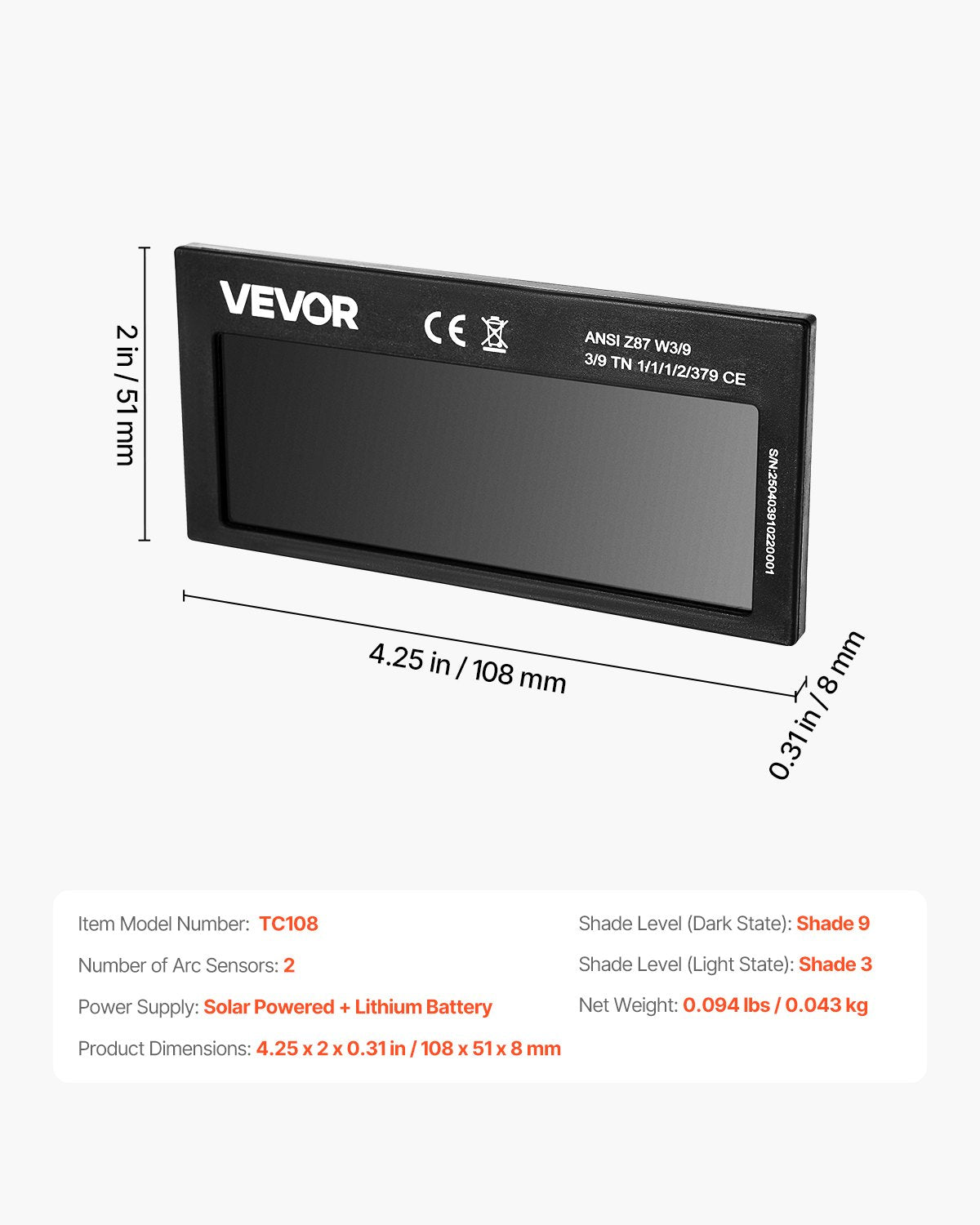 Automatisk nedbländande svetslins 108 x 51 mm, svetslins med skugga 9, äkta färg, dubbla ljusbågssensorer, kompatibel med de flesta svetshjälmar för TIG-, MIG-, MMA- och ljusbågssvetsningstillämpningar