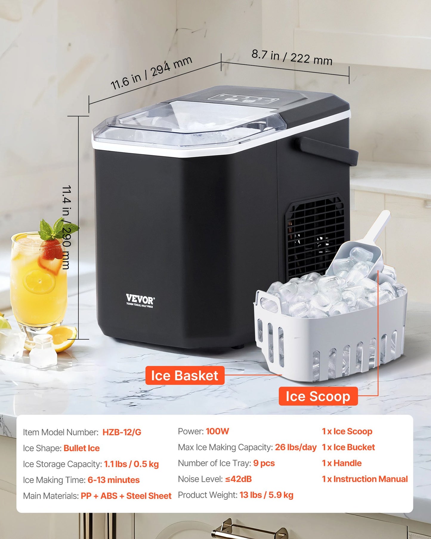 Countertop Ice Maker, 9 Cubes Ready in 6 Mins, 26lbs in 24Hrs, Self-Cleaning Portable Ice Maker with Ice Scoop and Basket, Ice Machine with 2 Sizes Bullet Ice for Home Kitchen Office Bar Party