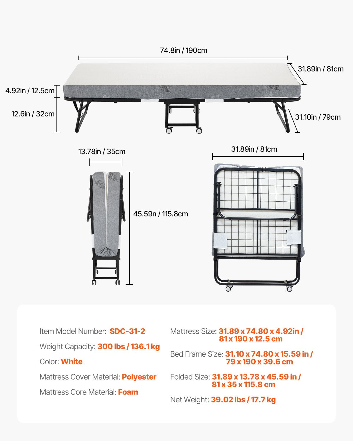 Rollaway Bed, 31 in x 75 in Folding Bed with 5 in Mattress, Twin Size Foldable Bed with Sturdy Metal Frame & Memory Foam Mattress, Portable Twin Roll Away Bed with Mattress, for Adults, Guest