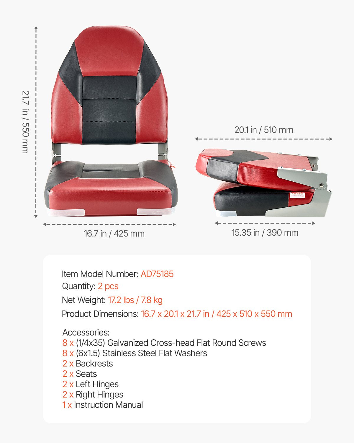 Båtsäte, högt ryggstöd, hopfällbart fiskebåtsäte med förtjockad svampdyna och vattentätt PVC-läder, gångjärn i aluminiumlegering, uppfällbart båtsäte för båtar, yachter, fartyg, svart och rött