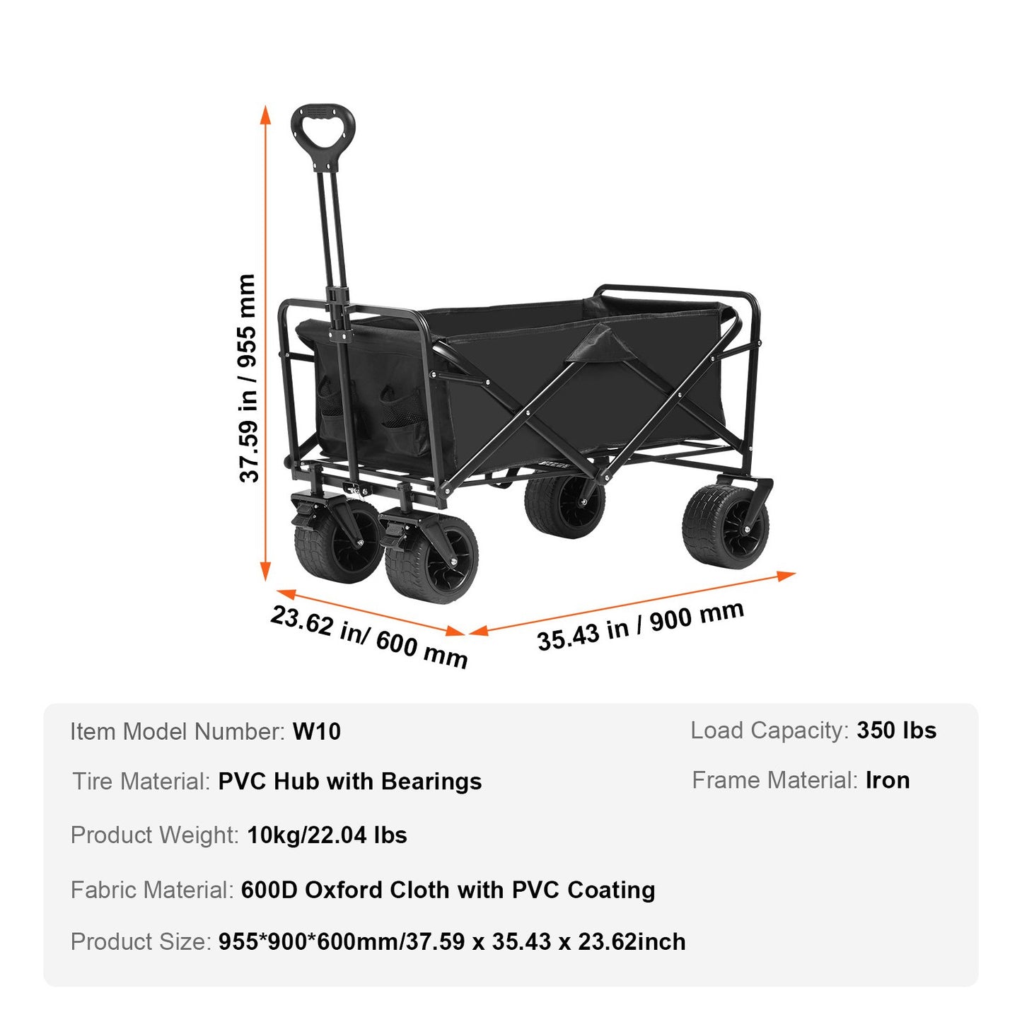 Collapsible Folding Wagon, 3 cu.ft Beach Wagon Cart with All-Terrain Wheels, Heavy Duty Folding Wagon Cart 350 lbs Weight Capacity with Drink Holders, Sports Wagon for Camping, Shopping, Garden