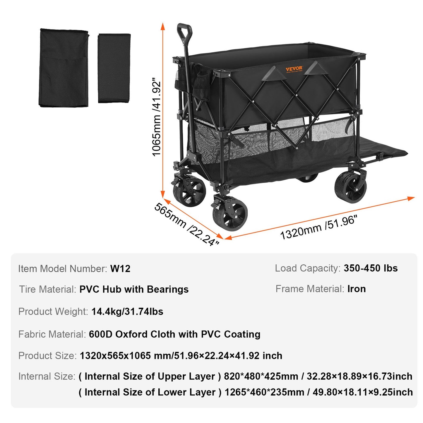 Foldable Double Decker Wagon, 400L Collapsible Wagon Cart with All-Terrain Wheels, Heavy Duty Folding Wagon Cart 350-450 lb Weight Capacity for Camping, Shopping, Garden, 52" Extra Long Extender