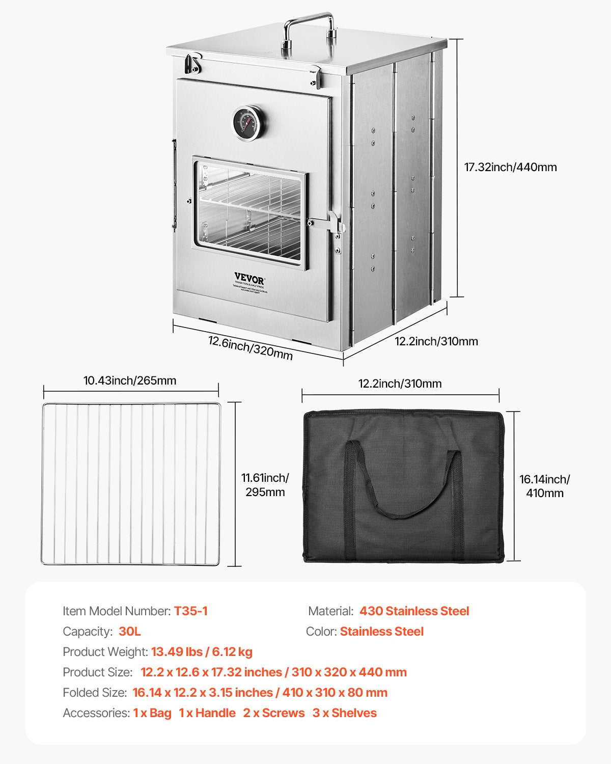 Foldable Camping Oven, Stainless Steel Portable Camping Stove, with 3 Tier Grill, Handle and Thermometer, Use with Wood Burning Fire, Propane Stoves, for Baking Bread, Pizza, Outdoor Cooking