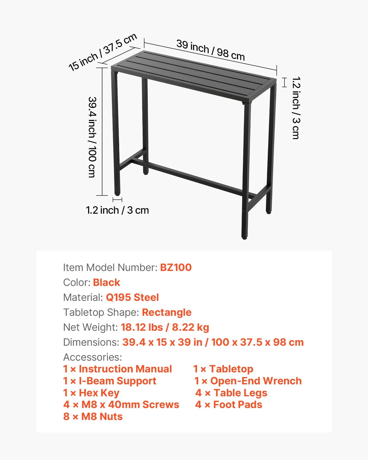 Barbord för utomhusbruk, 100 x 37,5 cm barbord för uteplats, vattentät bordsskiva och robust metallram, matbord i rektangulärt utförande, utemöbler för balkong, trädgård, bubbelpool, pool, inomhusbruk