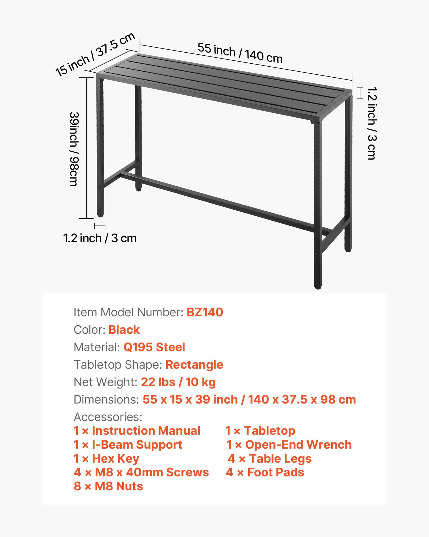 Outdoor Bar Table, 140 x 37.5 cm Patio Bar Table, Waterproof Top & Sturdy Metal Frame, Rectangle Counter Height Dining Tables, Outdoor Furniture for Balcony, Yard, Hot Tub, Poolside, Indoor