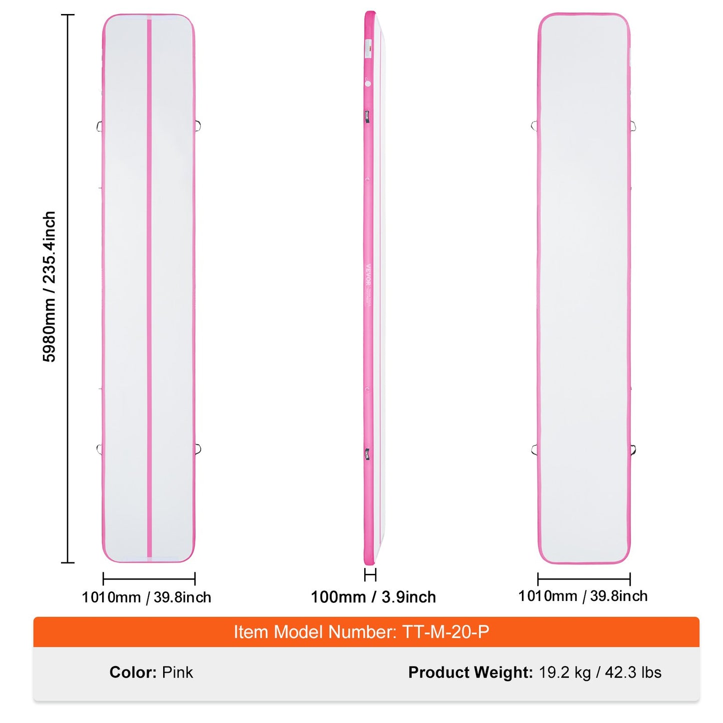 Gymnastics Air Mat, 4 inch Thickness Inflatable Gymnastics Tumbling Mat, Tumble Track with Electric Pump, Training Mats for Home Use/Gym/Yoga/Cheerleading/Beach/Park/Water, 20 ft, Pink