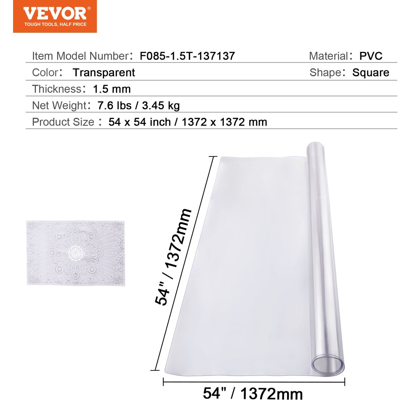 Plastbordsskydd, 54 x 54 tum 1,5 mm tjockt genomskinligt bordsskydd, fyrkantig PVC-skrivbordsmatta, vattentät och lättrengörande skrivbordsunderlägg, för kontorsbyrå, matbord, nattduksbord