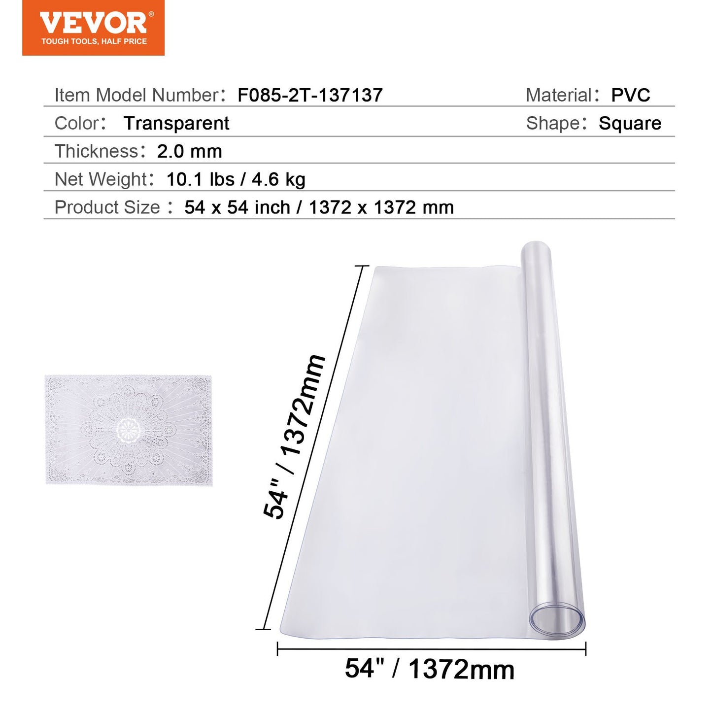 Plastic Table Cover, 54 x 54 Inch 2.0 mm Thick Clear Table Protector, Square PVC Desk Mat, Waterproof & Easy Cleaning Desk Pad Tablecloth, for Office Dresser Dining Room Table Night Stand