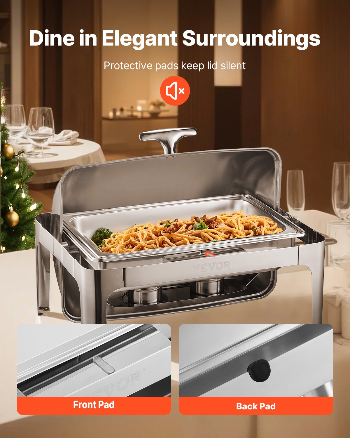 Roll Top Chafing Dish Buffet Complete Set, 9Qt Stainless Steel Chafer with Full Size Pan, Rectangle Catering Warmer Server with Lid Water Pan Folding Stand Fuel Holder Meal Clip, Silver
