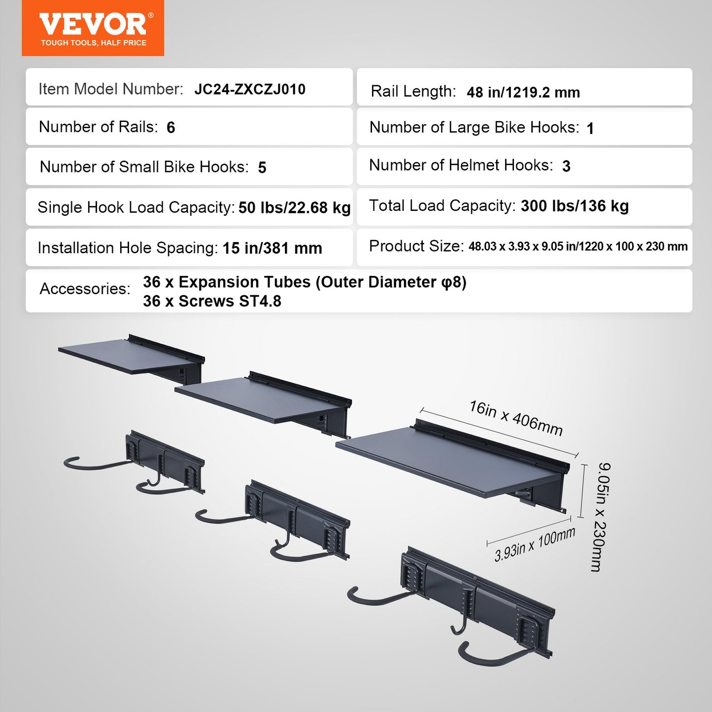 Bike Storage Rack, 6 Bike Racks and 3 Helmets Hooks, Wall Mount Bike Storage Hanger with 3 Shelves, Home & Garage Organizer, Customizable for Various Bike Sizes, Holds Up to 300 lbs, 48-inch