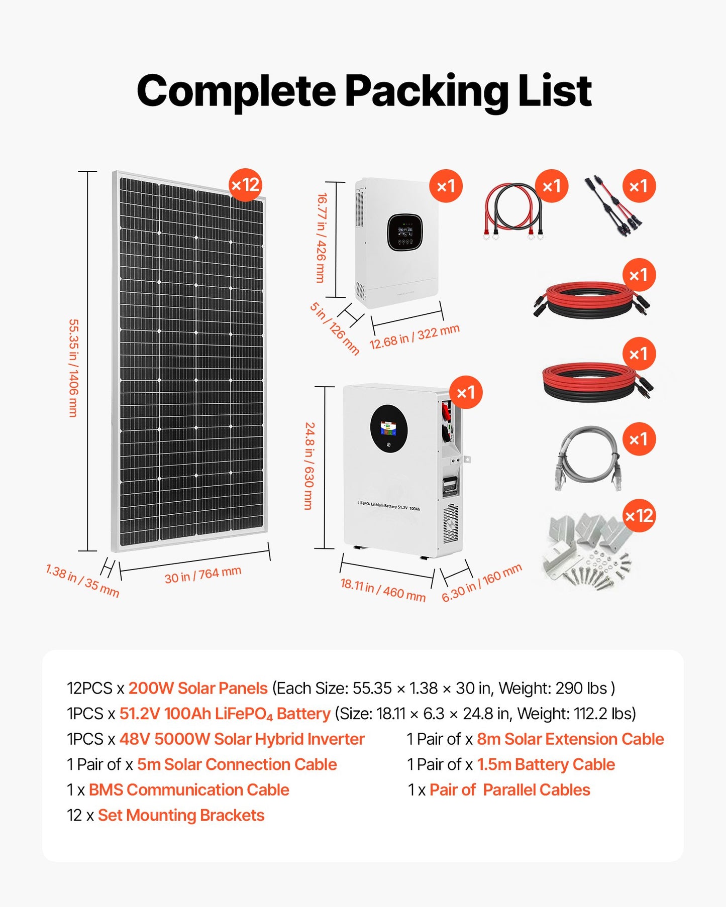 2400W 48V Complete Solar Power Kit, 12PCS 200W Monocrystalline Solar Panels + 51.2V 100Ah LiFePO₄ Battery + 48V 5000W Hybrid Inverter, High Output Off-Grid Solar Kit for Large House Shed Farm