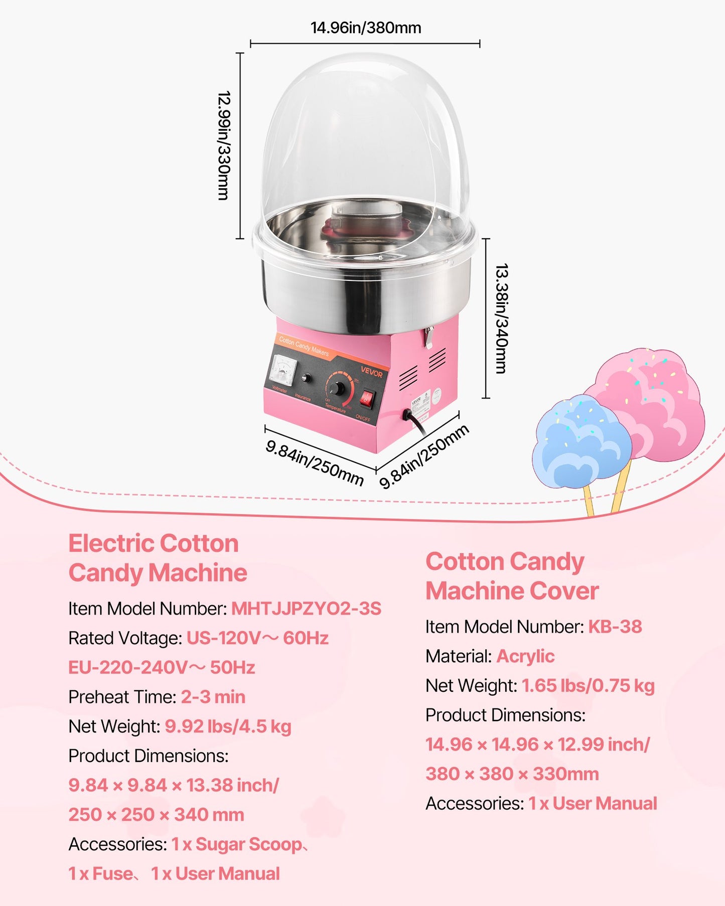 Electric Cotton Candy Machine, 1000W Commercial Floss Maker With Cover, Commercial Cotton Candy Machine w/Stainless Steel Bowl & Sugar Scoop, Ideal for Carnival, Birthday, Family Party, Pink