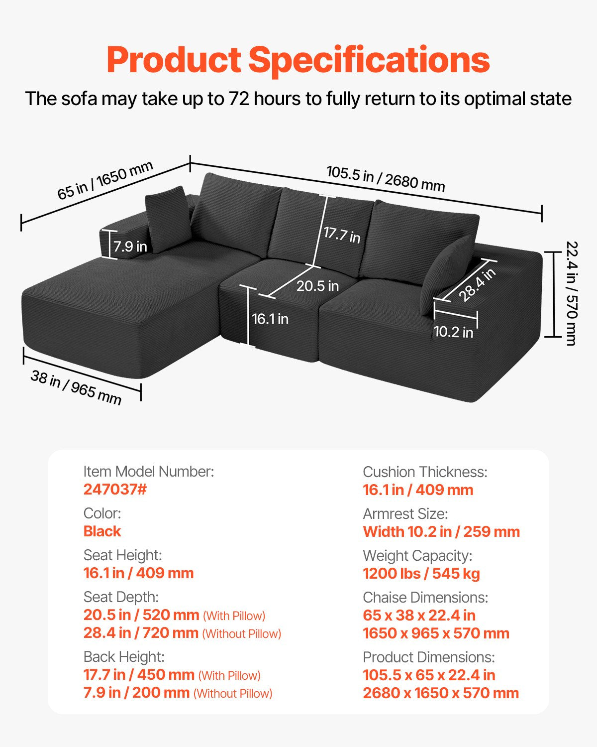 Modular Sectional Sofa, L Shaped Modular Sofa with Chaise, Cloud Sectional Couch with High Rebound Sponge and Density, Upholstered Corduroy Couch with Cushion for Living Room, Bedroom, Black