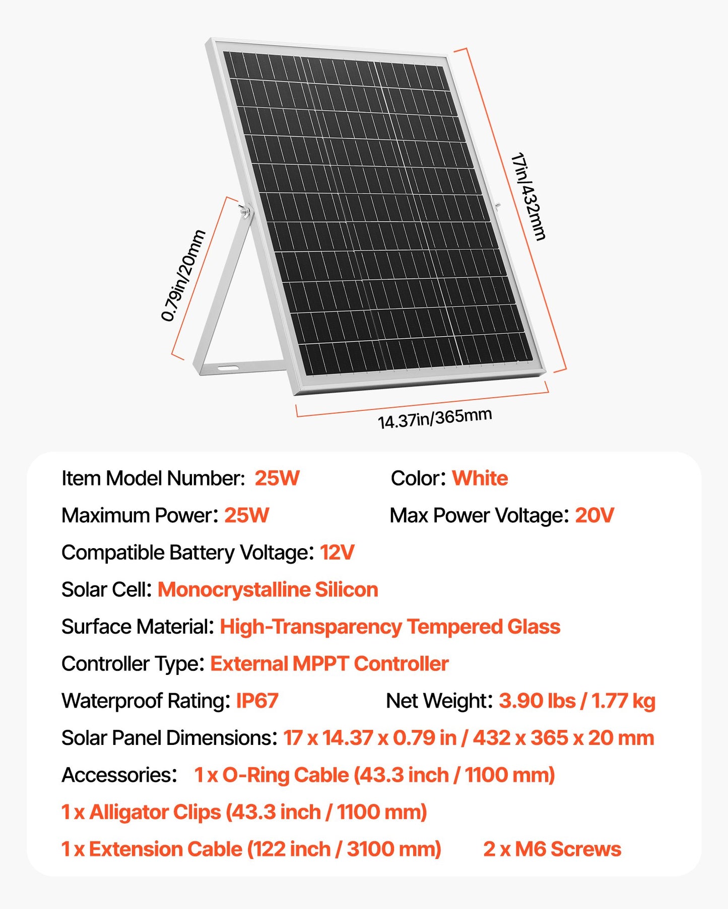 25W 12V Solar Panel Battery Charger, Solar Battery Trickle Charger Maintainer with Intelligent MPPT Controller & Adjustable Mount Bracket, IP67 Waterproof for Car Boat RV Motorcycle Trailer