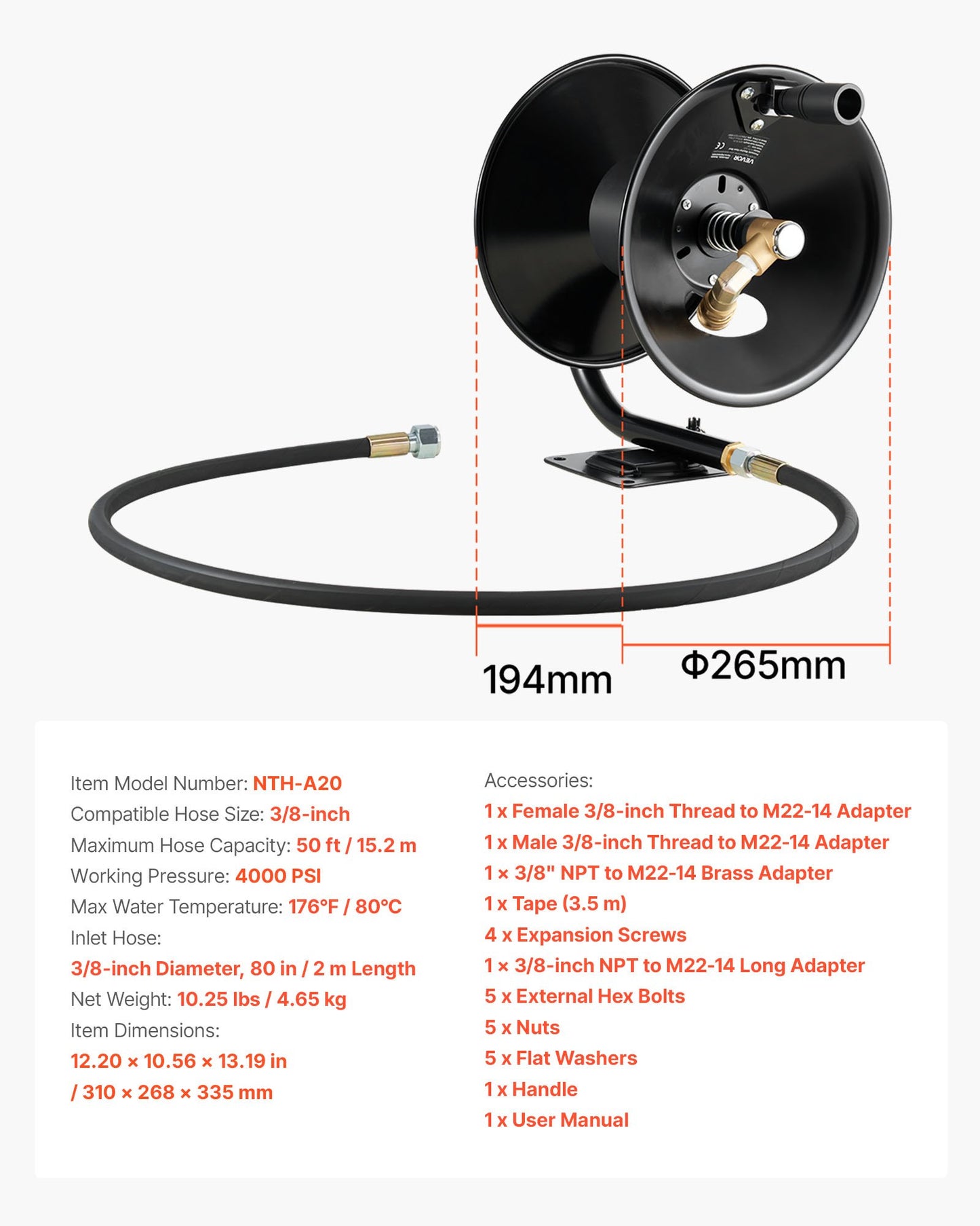 Högtryckstvättsslangvinda, 15,2 mx 9,5 mm kraftig slangvinda i stål för montering på konsol, vägg-/golv-/lastbilsmontering, max 4000 PSI, manuell vev för vatten, med grepphandtag