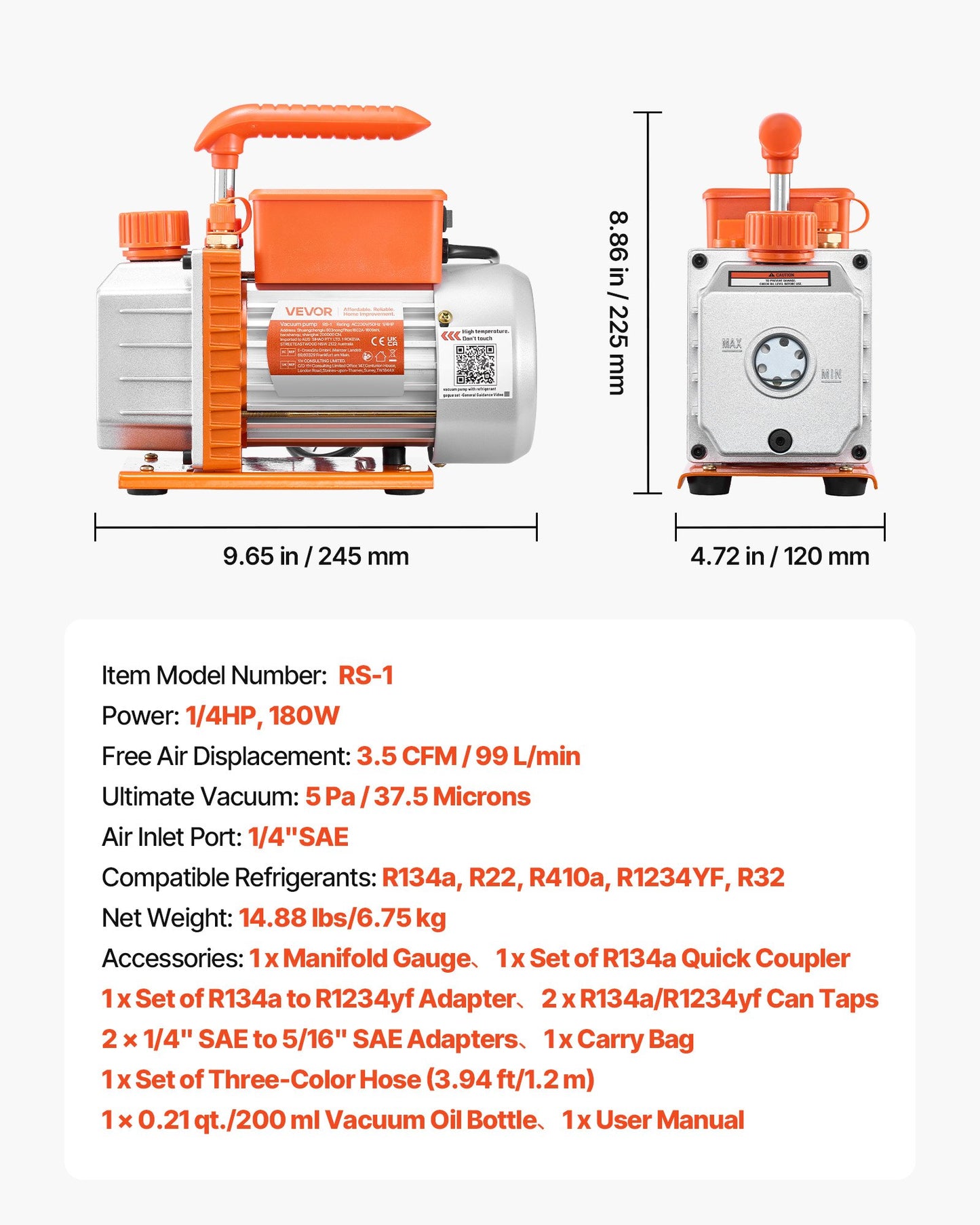 AC Vacuum Pump and Gauge Set, 3.5 CFM 99 L/min, Single Stage Rotary Vane HVAC Vacuum Pump, A/C Manifold Gauge Kit, for R134a R22 R410a R1234YF R32, with Carry Bag, for Auto HVAC Air Conditioning