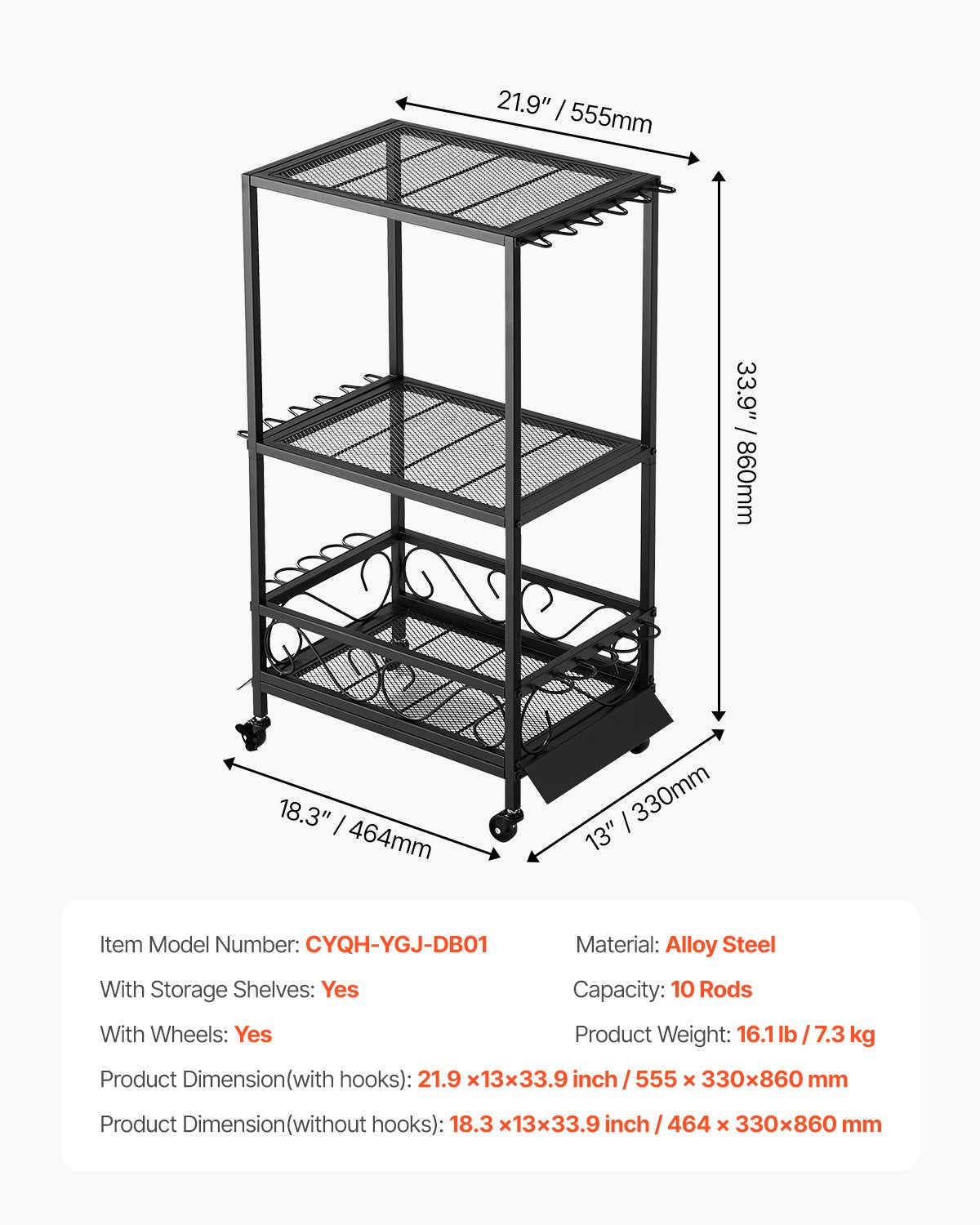 Fiskespöhållare för 10 spön, mobil spövagn med hjul, fiskeredskapsorganisatör för garage, inomhusbruk, för fiskeredskapslåda, förvaring av rulltillbehör, presenter till män