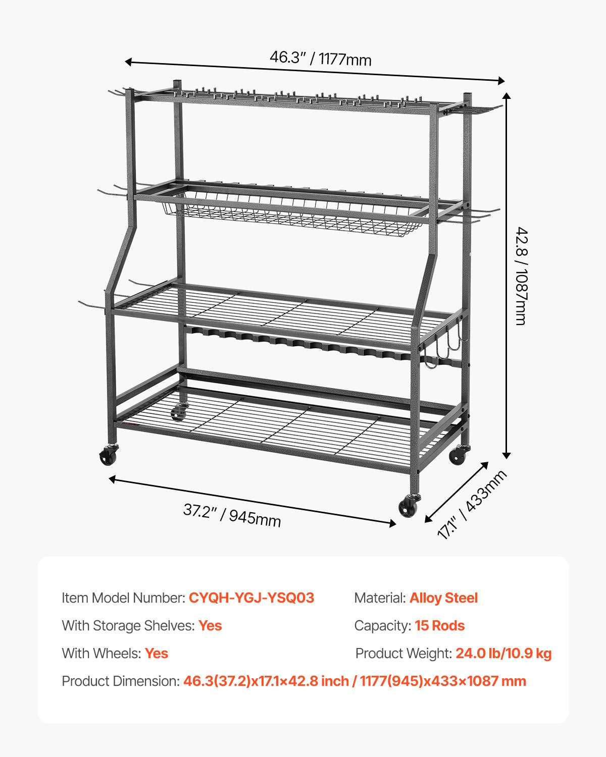 Fiskespöhållare för 15 spön, mobil spövagn med hjul, fiskeredskapsorganisatör för garage, inomhusbruk, för fiskeredskapslåda, förvaring av rulltillbehör, presenter till män