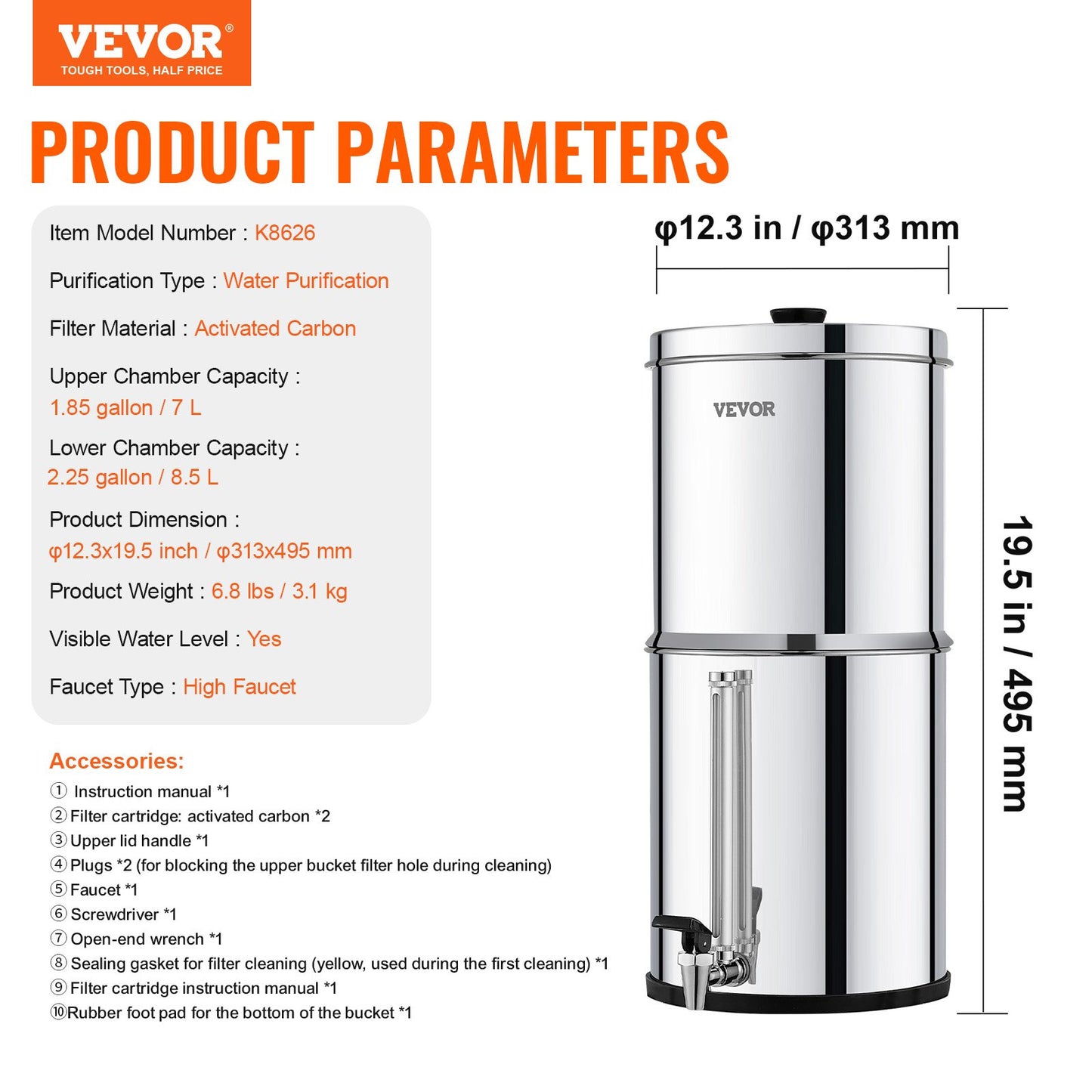 Gravity-fed Water Filter System, 2.25G 304 Stainless-Steel Countertop System, Water Filtration System, Reduces Lead and up to 99% of Chlorine, with 2 Carbon Filters, and Water Level Spigot